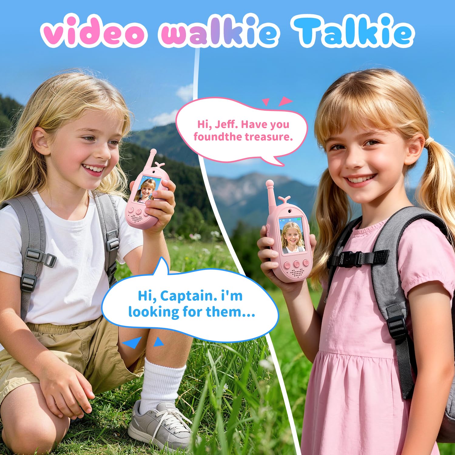 Upgraded Video Walkie Talkies for Kids, 2 Pack Rechargeable Voice/Video Call Kids Walkies Talkies, Toddler Toys for Indoor, Outside, Camping, Hiking