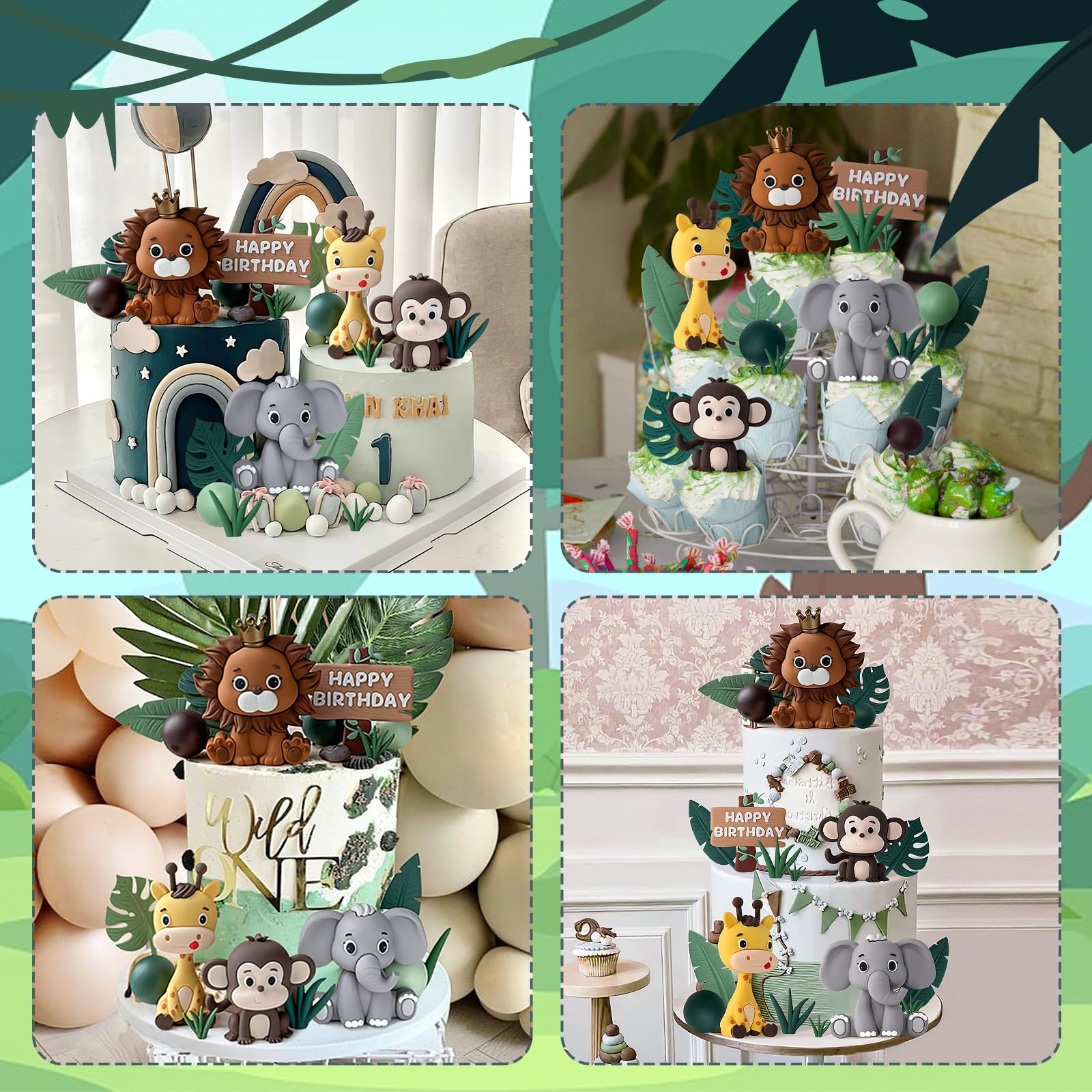 19pcs Safari Animal Cake Topper - Jungle Wild Cake Toppers with Leaves Balls Cake Decorations for Safari Animals Themed Birthday Party Decorations