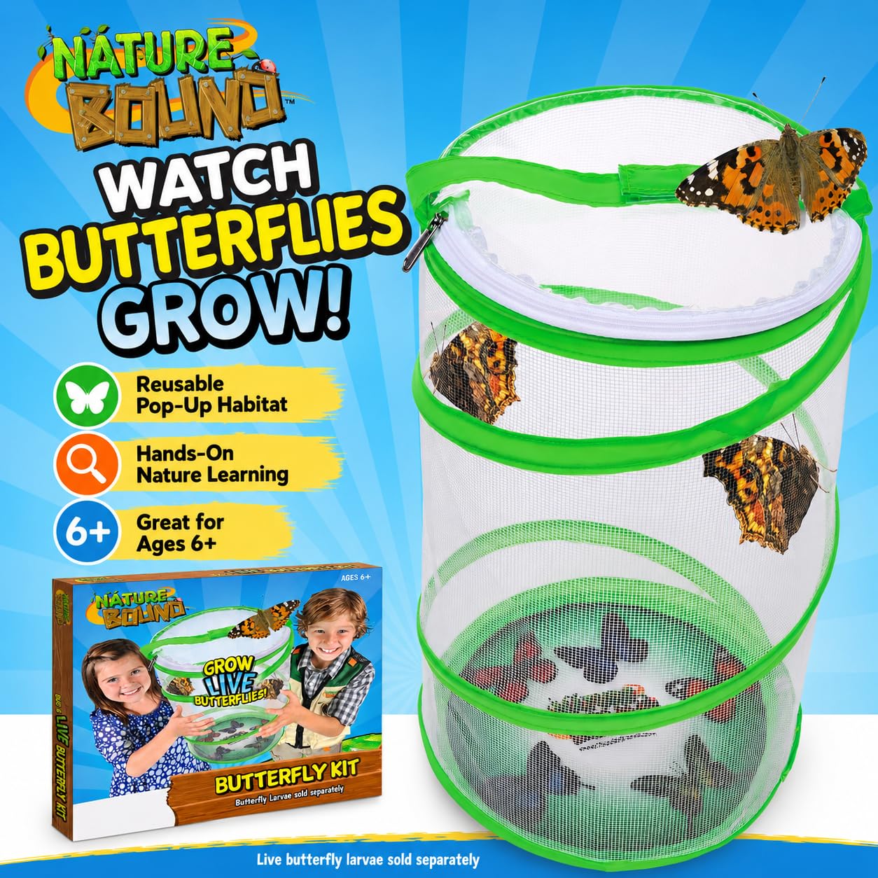 Nature Bound Butterfly Growing Kit - Live Caterpillar to Butterfly Project for Kids - Includes Voucher for Caterpillars, Green Pop-Up Enclosure,