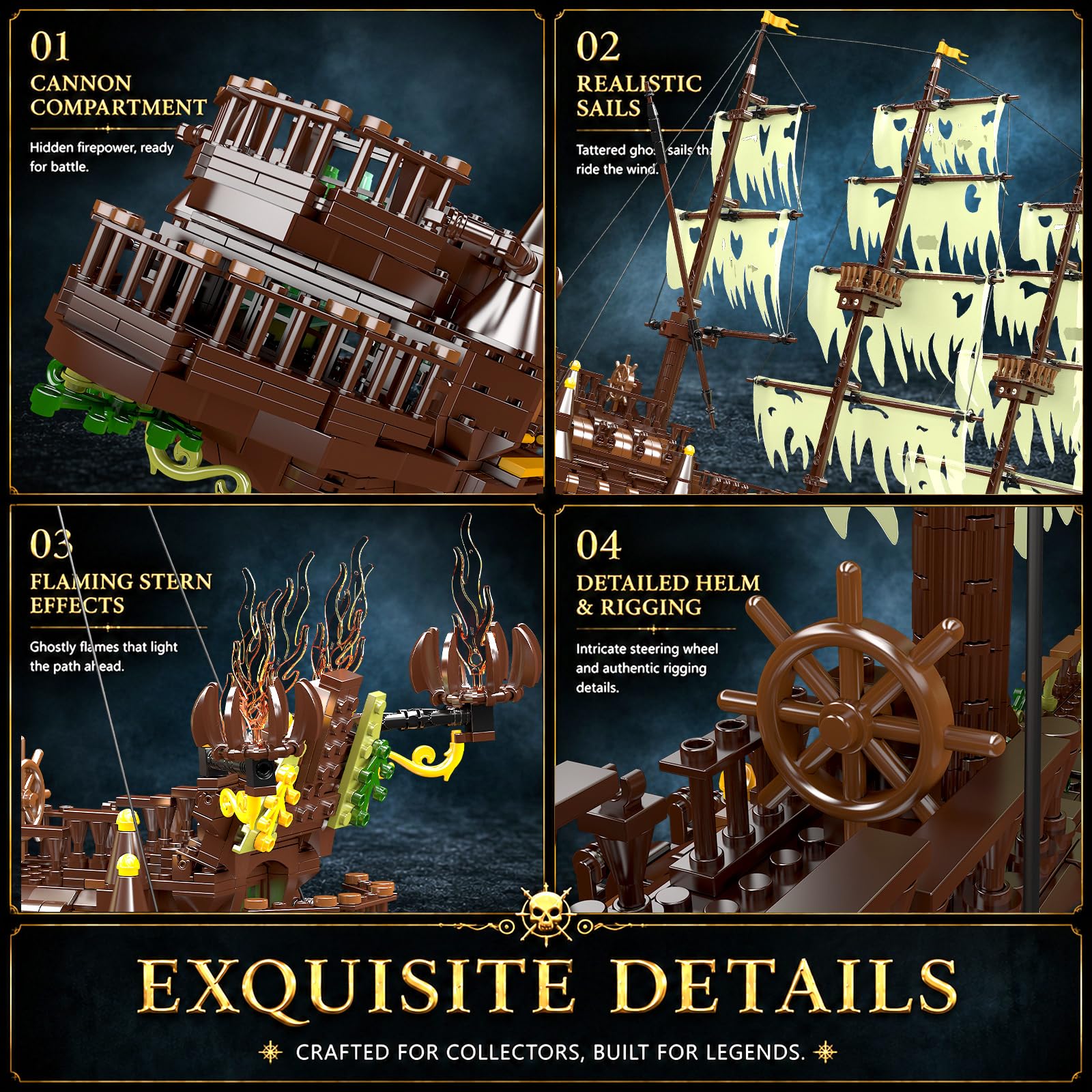 Mould King 13197 Pirate Ship Building Toy, MOC Flying Dutchman Model Ship Boat, Toy Building Sets for Adults, Halloween Decor Christmas Birthday Gifts