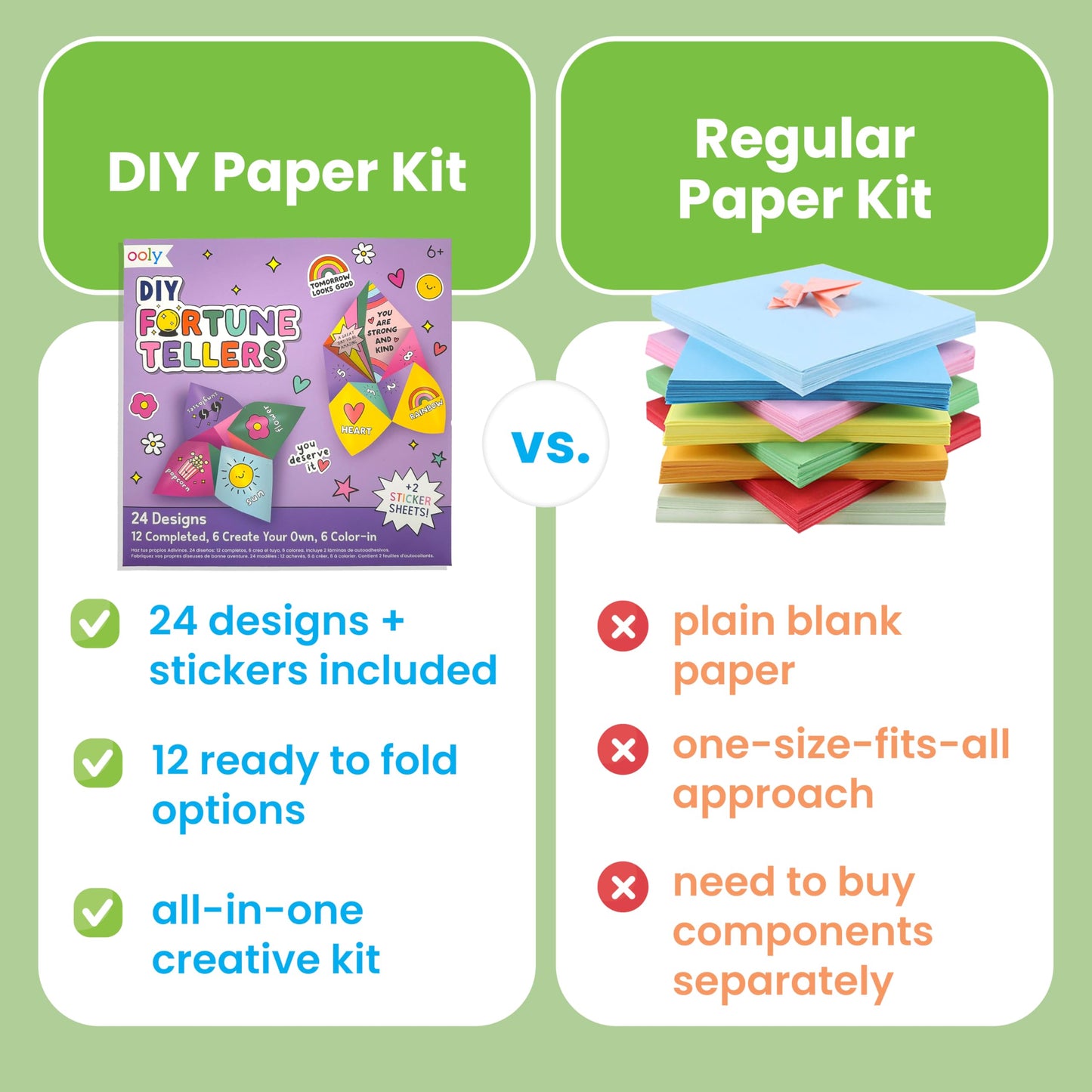 Ooly DIY Paper Kit, 24 Fortune Teller Designs & Stickers, Kit Includes 12 Completed, 6 Blank and 6 Color-in Folding Fortune Teller, Activity Gifts