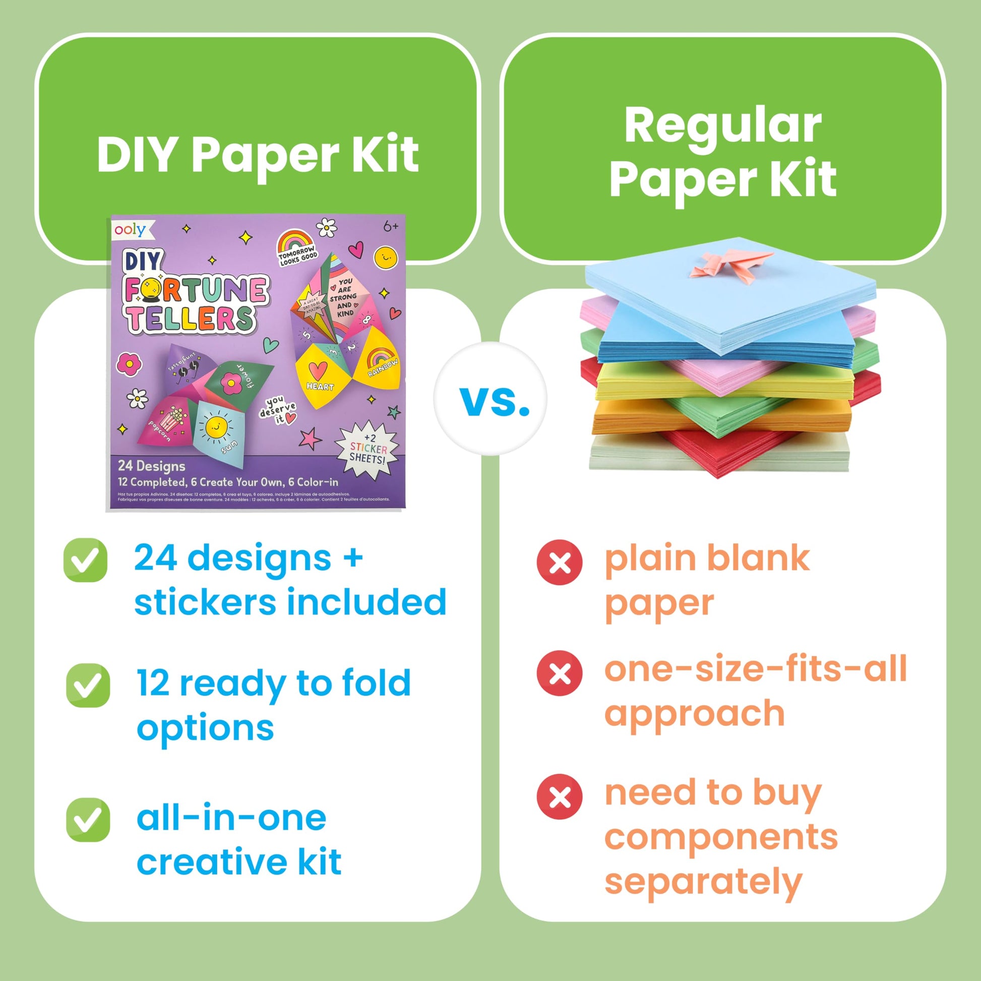 Ooly DIY Paper Kit, 24 Fortune Teller Designs & Stickers, Kit Includes 12 Completed, 6 Blank and 6 Color-in Folding Fortune Teller, Activity Gifts