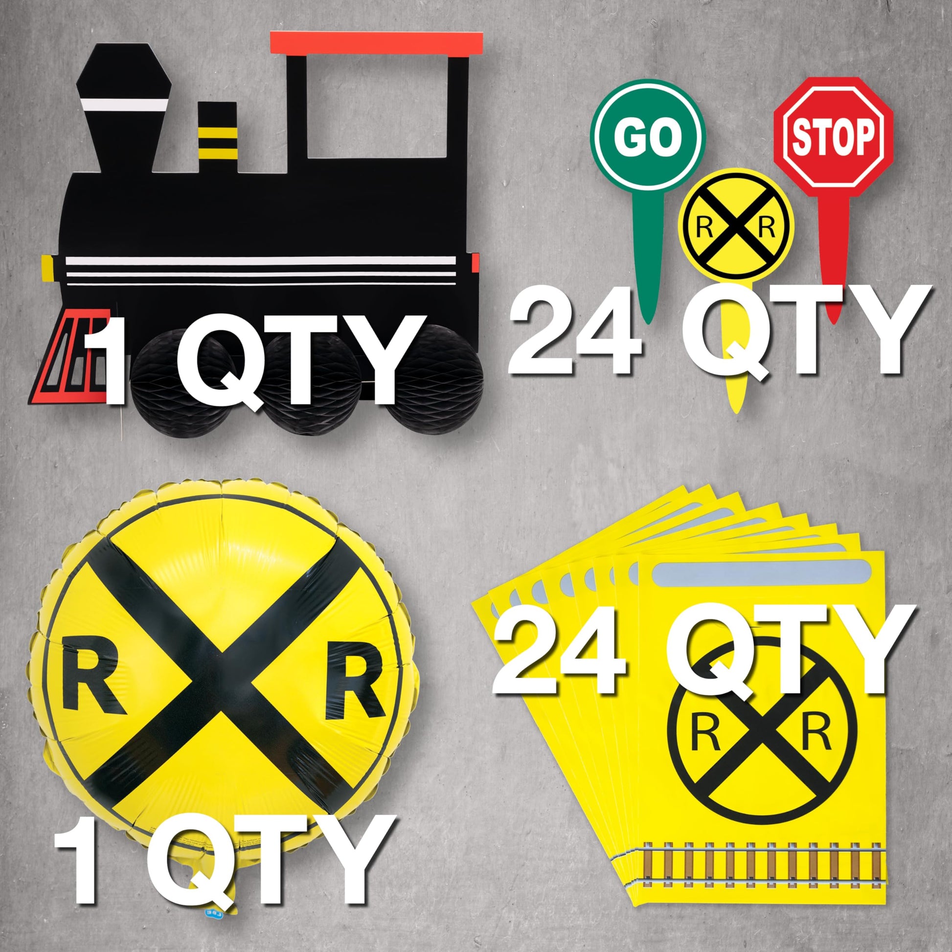 Railroad-Train Party Decorations! Choo Choo Set Includes 1 Lg. Train Centerpiece, 1 Railroad Crossing Foil Balloon, 24 Fun Party Picks & 24 Loot Bags