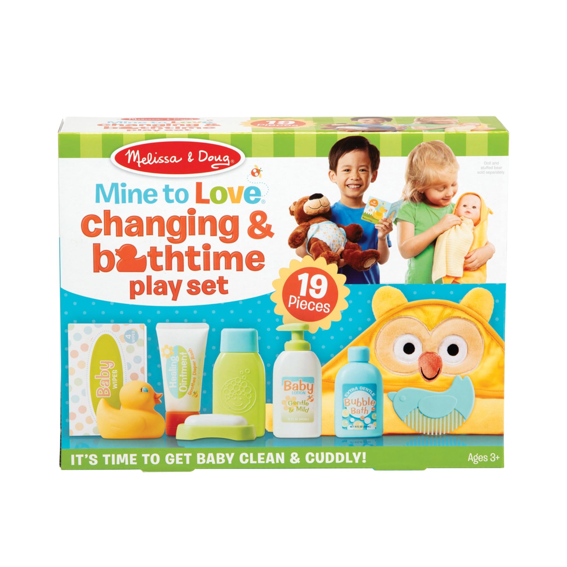 Melissa & Doug Mine to Love Changing & Bathtime Play Set for Dolls - Diapers, Pretend Shampoo,Wipes, Towel, More (19 pcs)