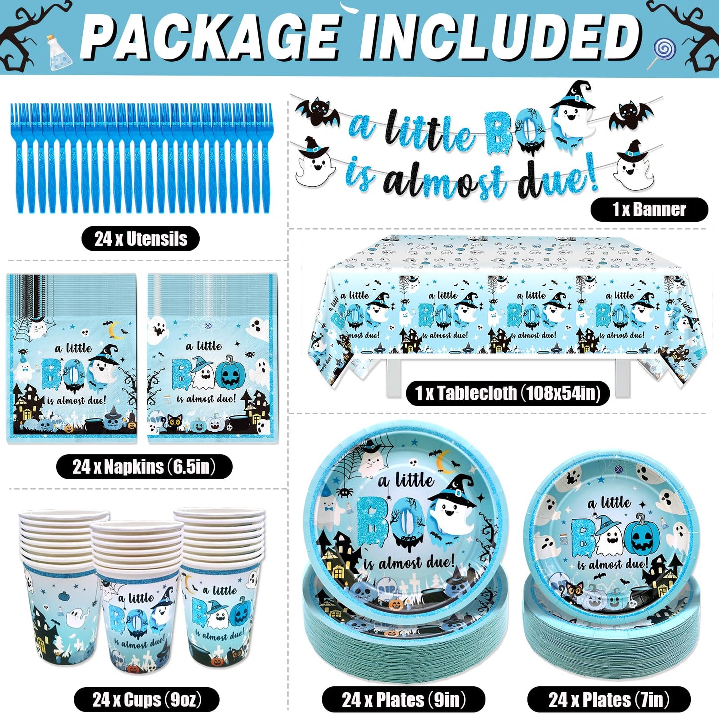 147Pcs A Little Boo Is Almost Due Baby Shower Boy Little Boo Baby Shower Decorations Boy Halloween Plates and Napkins Blue Halloween Tableware