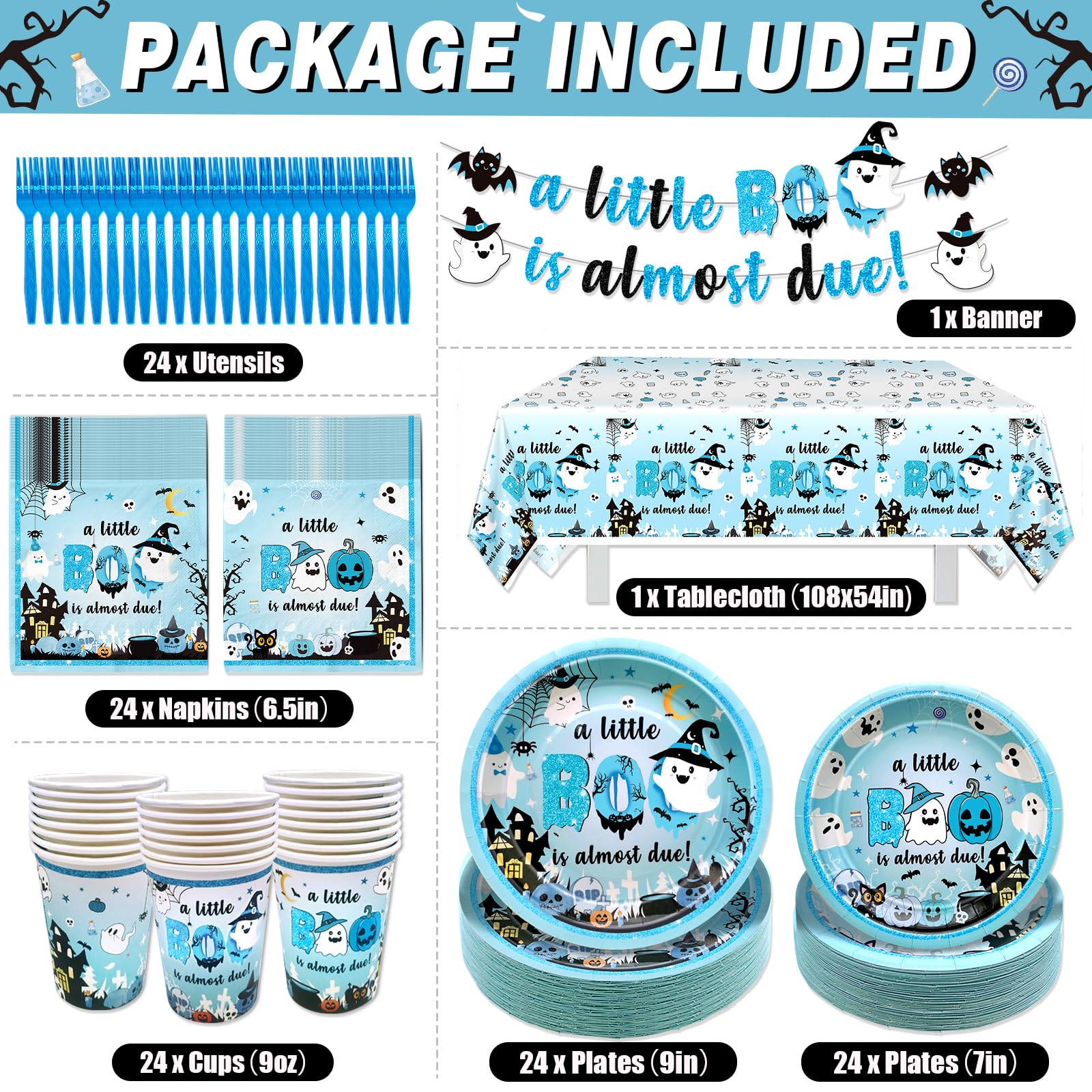 147Pcs A Little Boo Is Almost Due Baby Shower Boy Little Boo Baby Shower Decorations Boy Halloween Plates and Napkins Blue Halloween Tableware