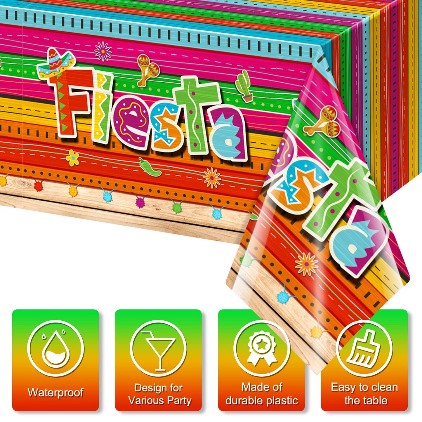 Jectivs 3 Pieces Mexican Fiesta Party Tablecloth Decorations,Plastic Cinco De Mayo Printed Table Cloth Table Cover for Fiesta Taco Night Birthday