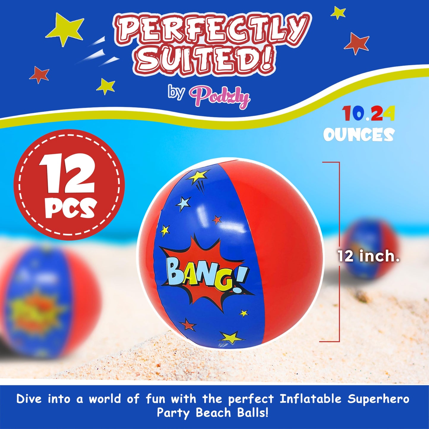 12 Inflatable Superhero Party Beach Balls - 8" Comic Pow Wham Bang Designs