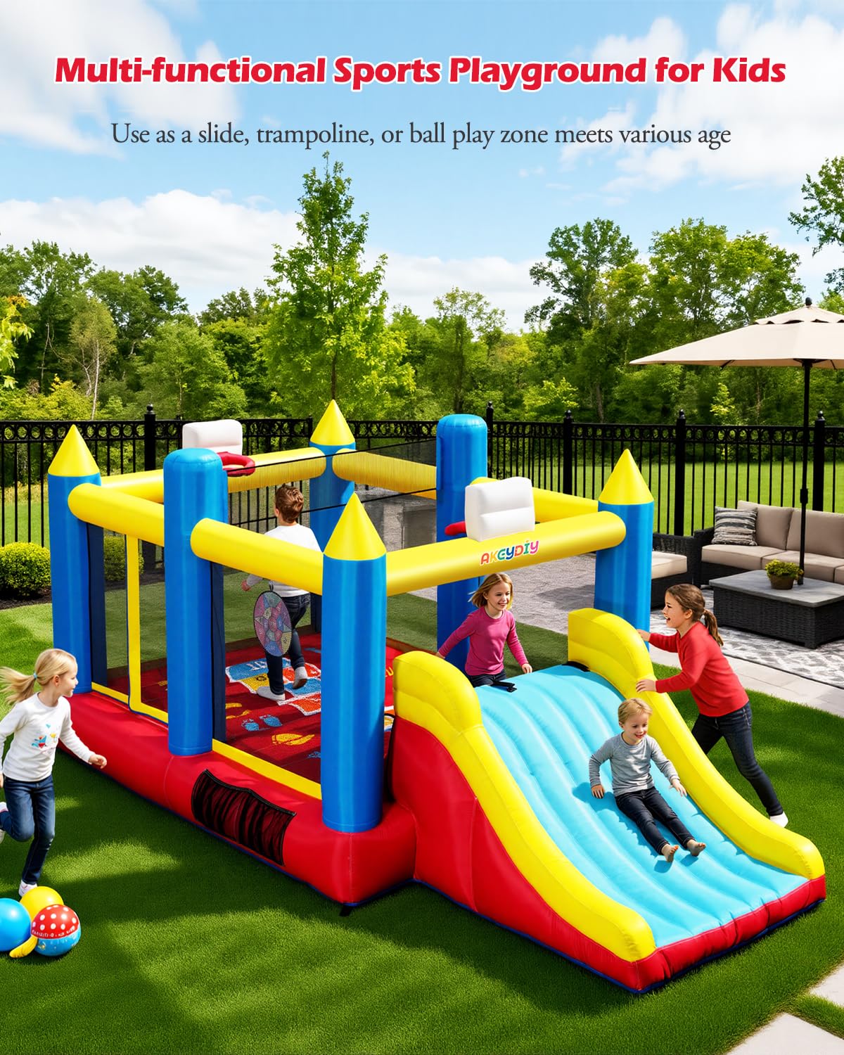 Big Bounce House for Kids 3-12, 7-in-1 Multi-Sport Inflatables Bouncy House w/Blower, Big Slide & Large Trampoline, Kids Bouncy House for Boys