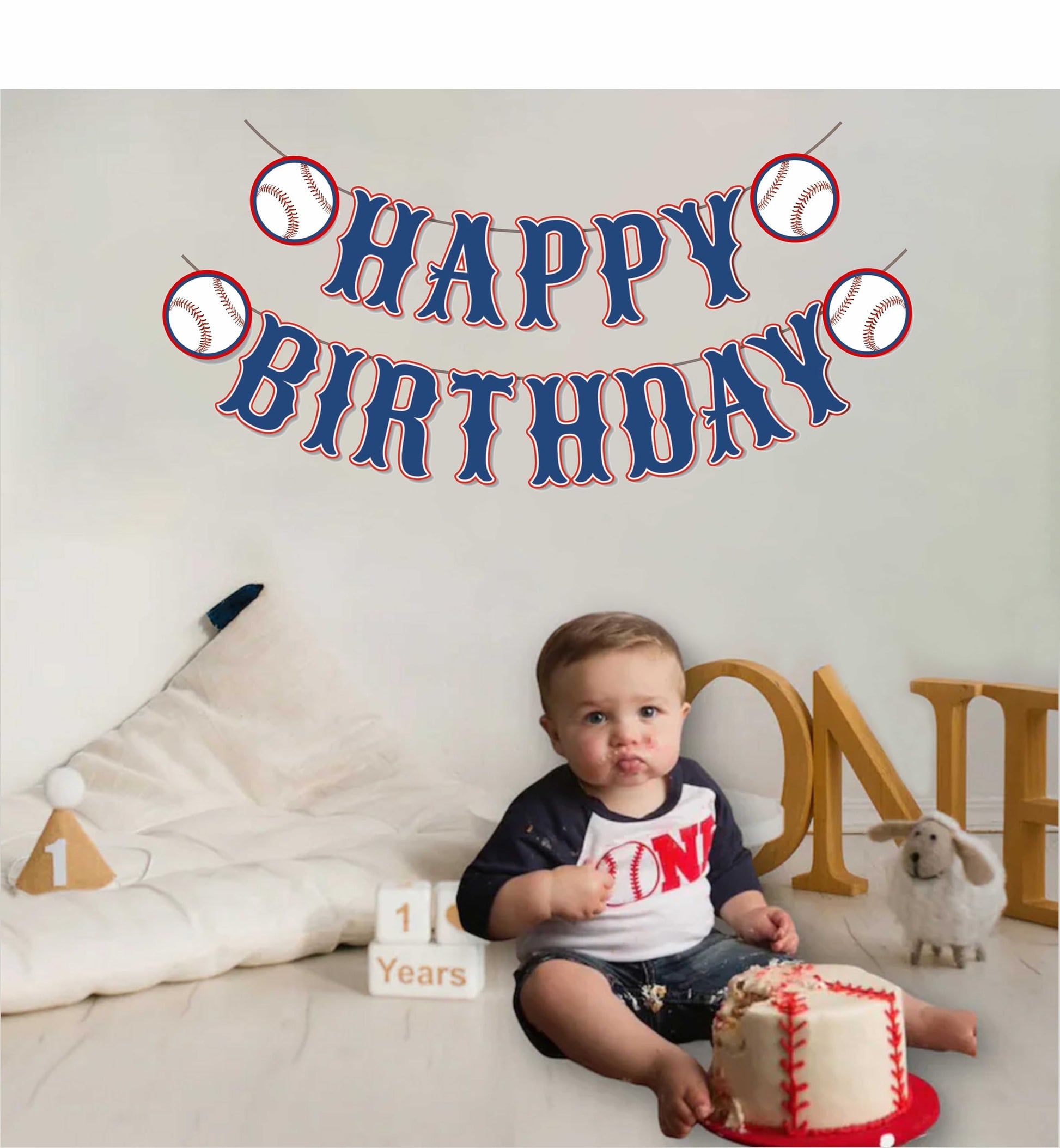 OZCZKZZ Happy Birthday Banner Baseball,Navy Blue,Baseball Birthday Party Decorations