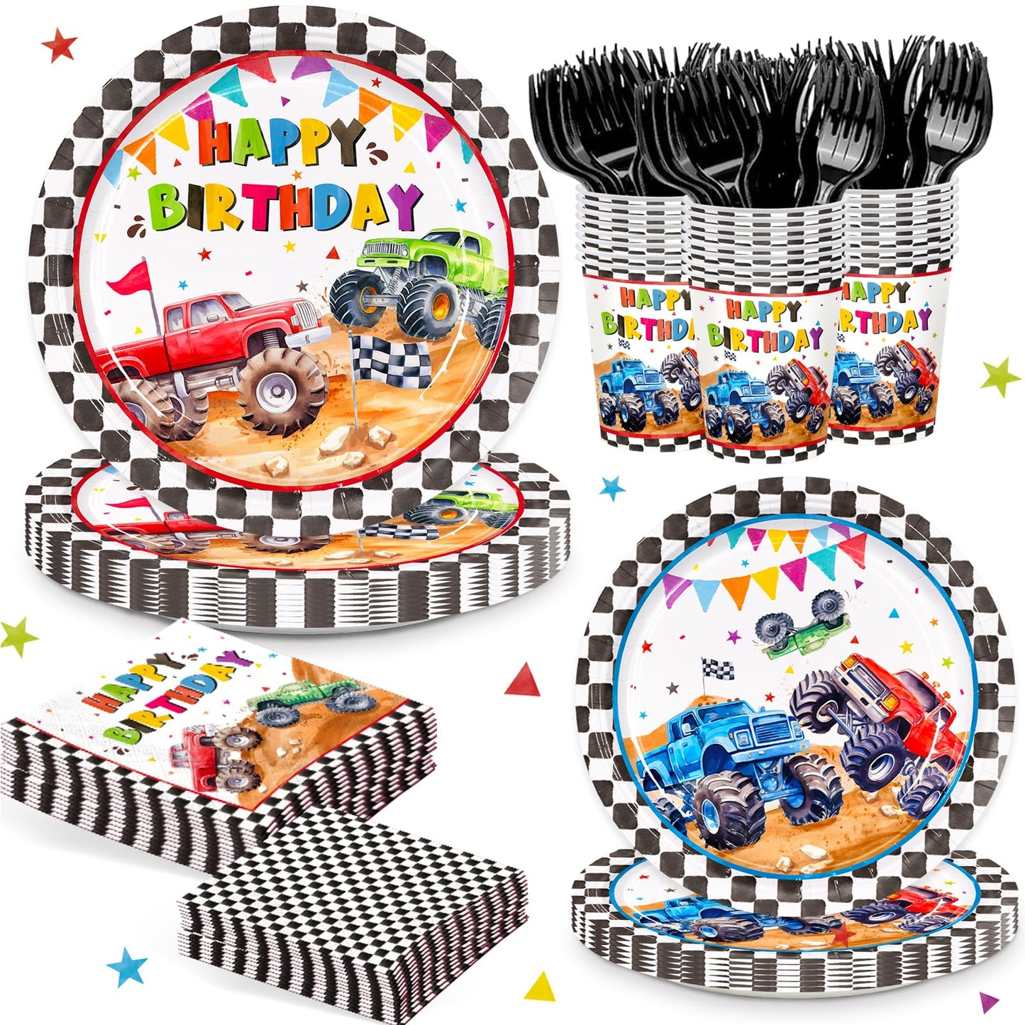 144pcs Monster Truck Birthday Party Decorations Plates Napkins 24 Guests