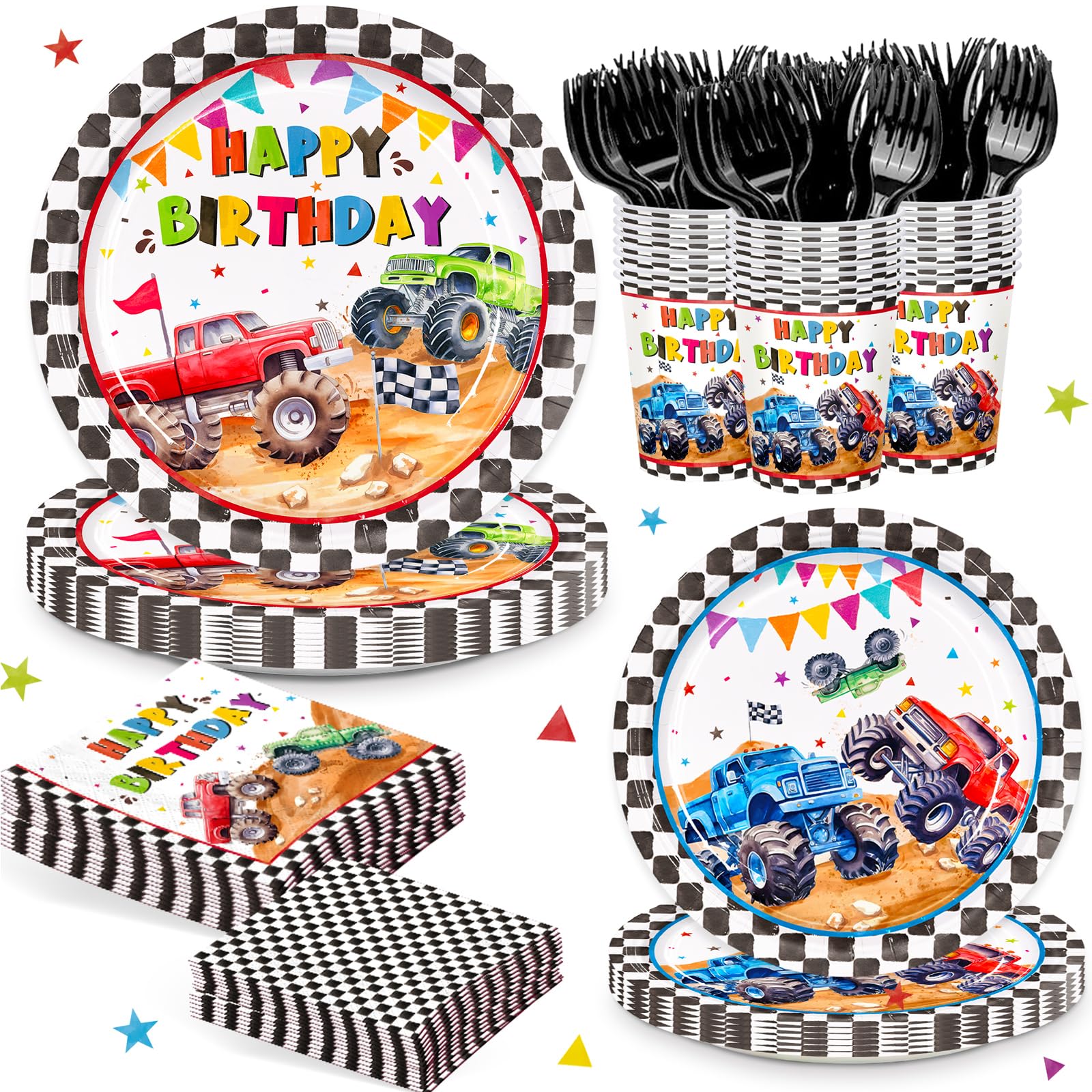144pcs Monster Truck Birthday Party Decorations Plates Napkins 24 Guests