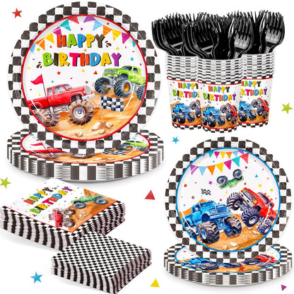 144pcs Monster Truck Birthday Party Decorations Plates Napkins 24 Guests