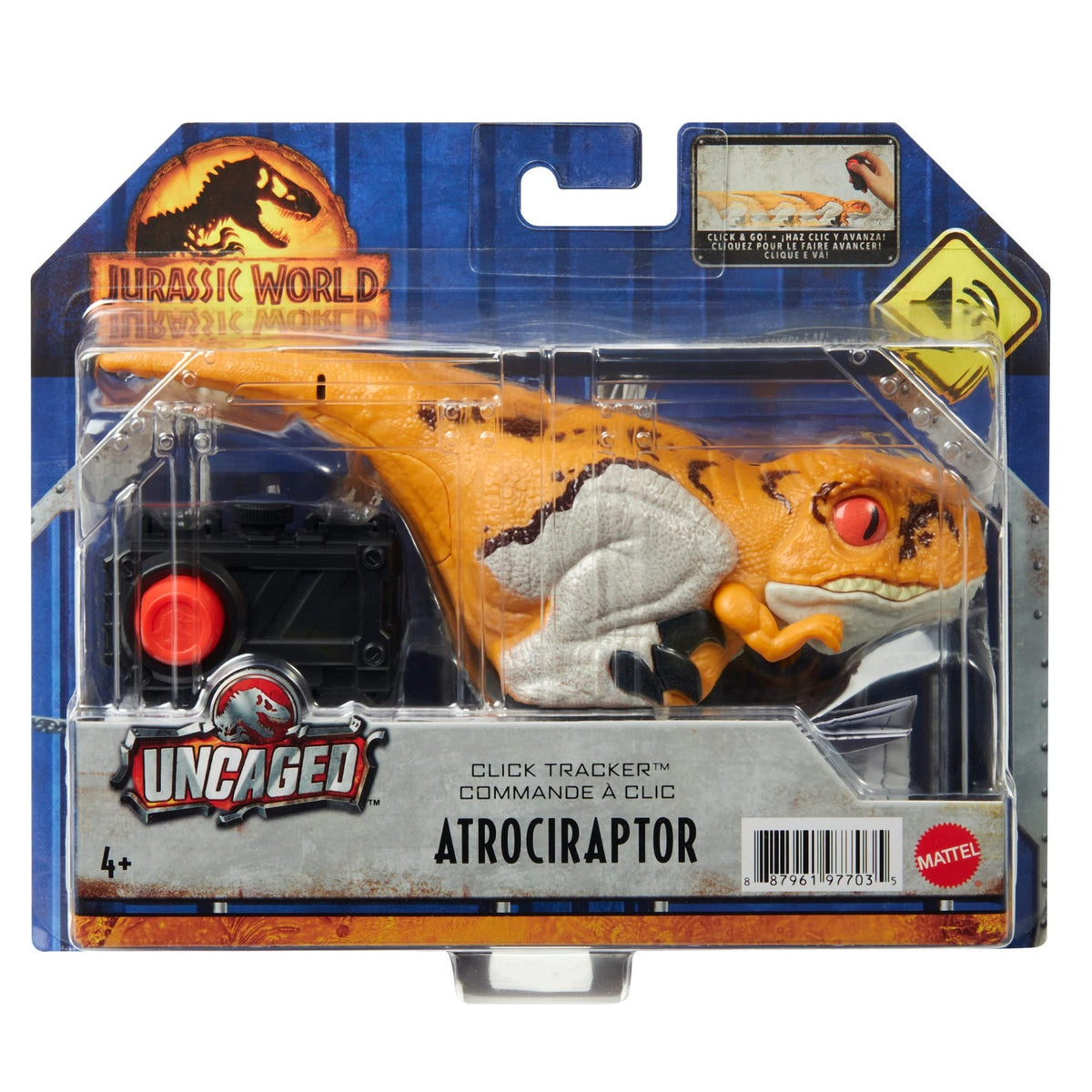 Mattel Jurassic World Dominion Uncaged Dinosaur Toy with Clicker-Controlled Motion & Sound, Click Tracker Atrociraptor Tiger Dino Action Figure