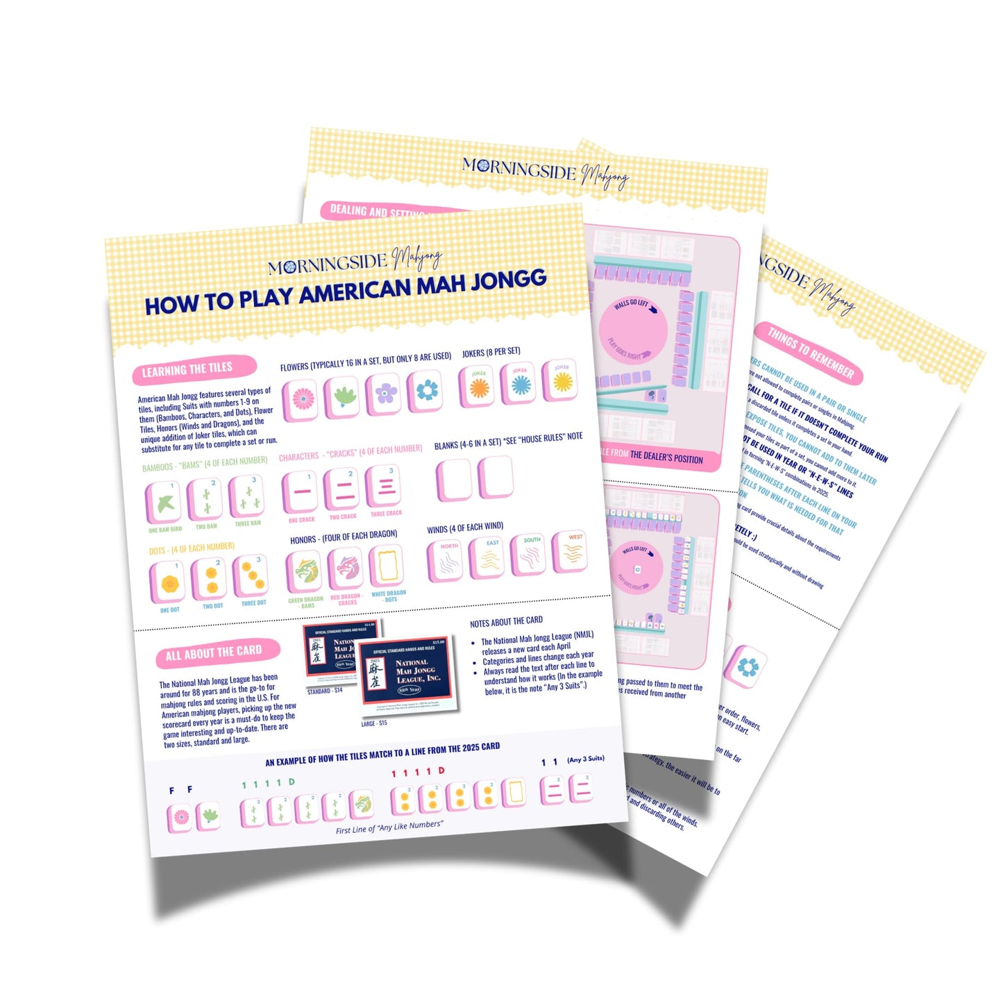 American Mahjong Basics Visual Guide, Laminated Guide, Tile Overview, Charleston Helper, General Rules + Strategies