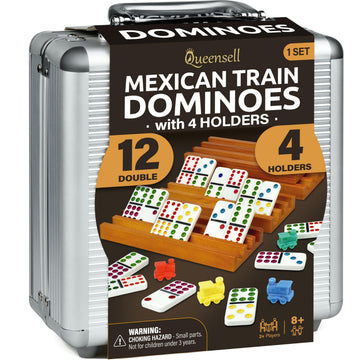 Mexican Train Dominoes Set with 4 Holders - Dominoes Double 12 with Wooden Hub and Tiles Holders - Double 12 Dominos Set for Family Game Night