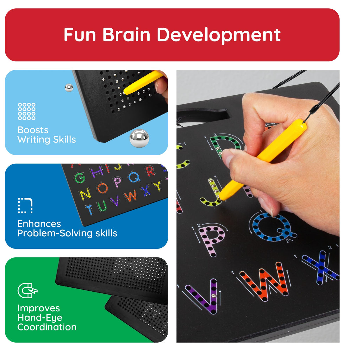 PicassoTiles 2in1 Magnetic Drawing Board Toy 12x10 In Large Magnet Bead Pad with Alphabet and Math Side in Black STEM Educational Writing Playboard