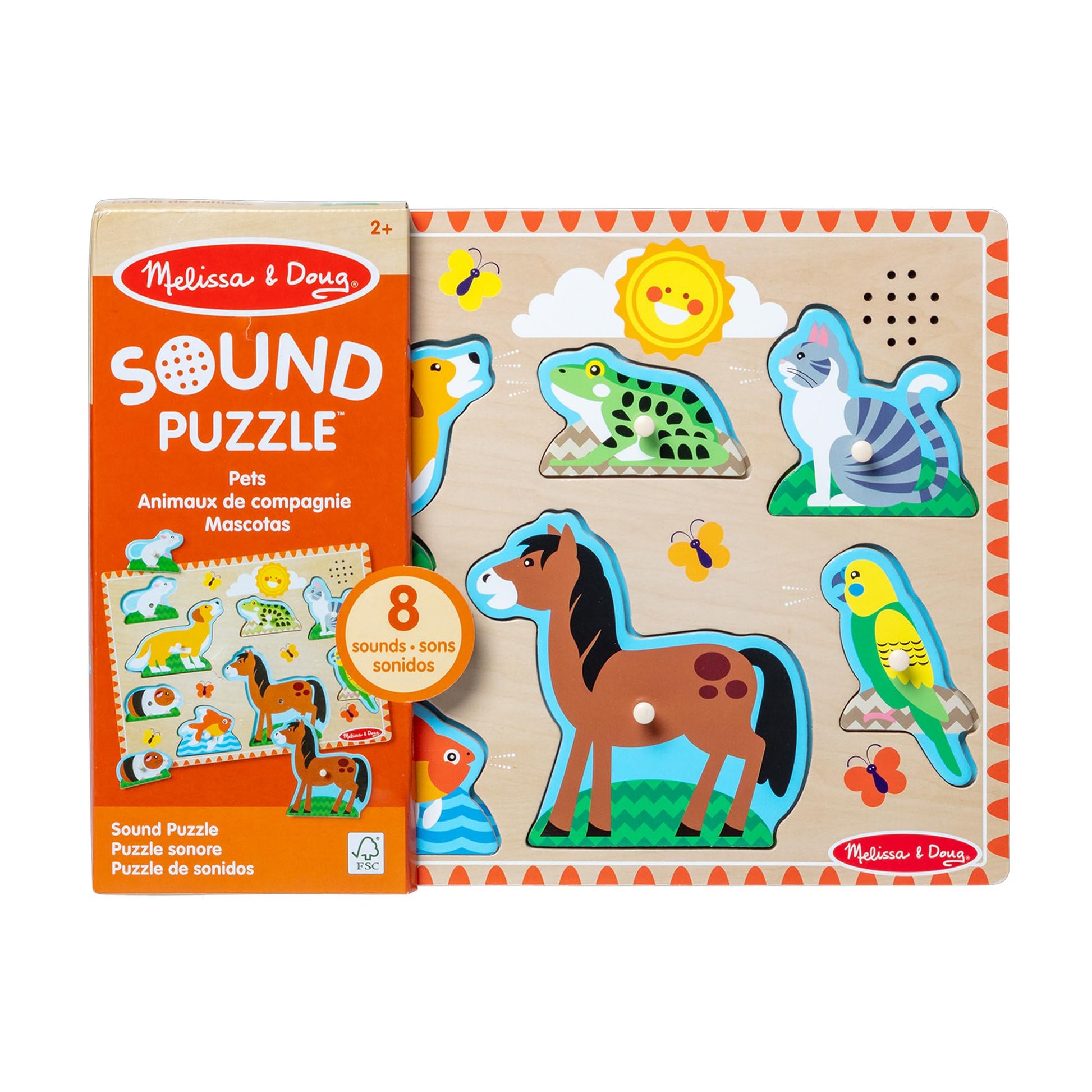 Melissa & Doug Zoo Pet Animals Sound Puzzle - 8-Piece Wooden Peg Puzzle with Light-Activated Sounds, Music Learning Toy for Toddlers and Preschoolers