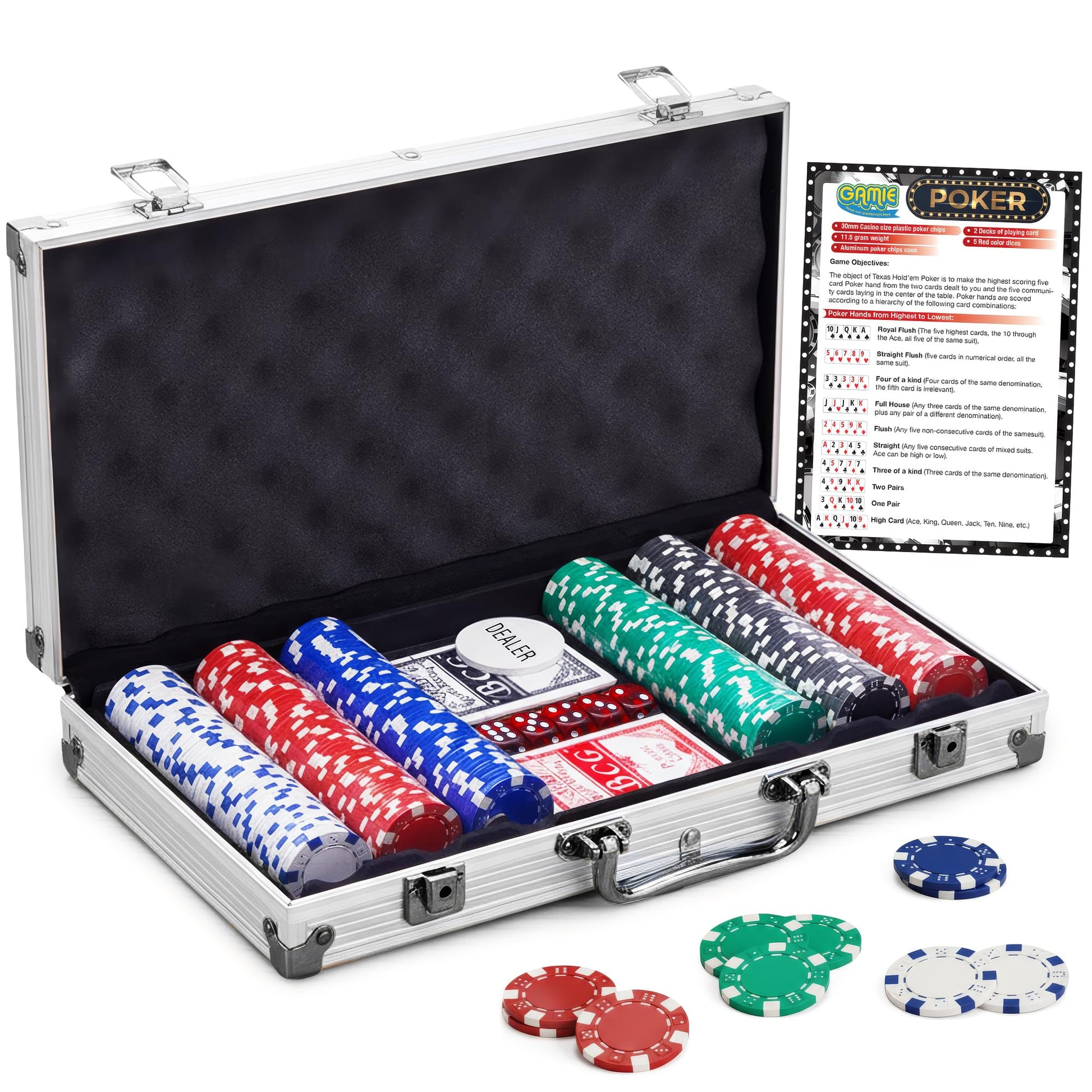 Gamie Poker Set in Aluminum Case, Casino Poker chip Kit with 300 Chips, 2 Decks of Playing Cards, 5 Dice, and 1 Deluxe Case, Fun Game Night Supplies