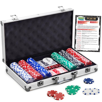 Gamie Poker Set in Aluminum Case, Casino Poker chip Kit with 300 Chips, 2 Decks of Playing Cards, 5 Dice, and 1 Deluxe Case, Fun Game Night Supplies