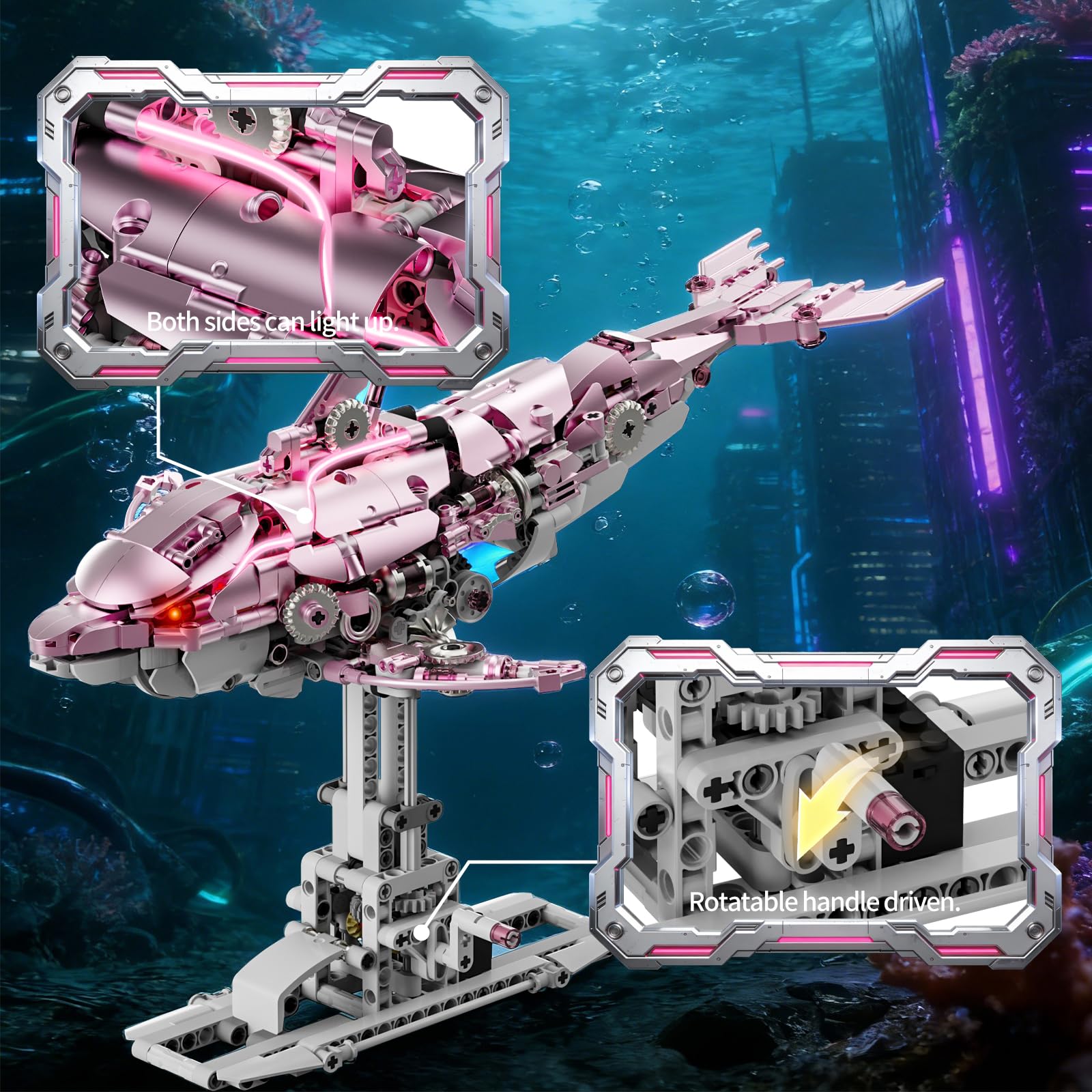 Myth Qholve Mechanical Pink Dolphin Building Blocks Set Hand-Operated Motion, Detailed Gear Design, Display & Play Model Futuristic Ocean Animal Model