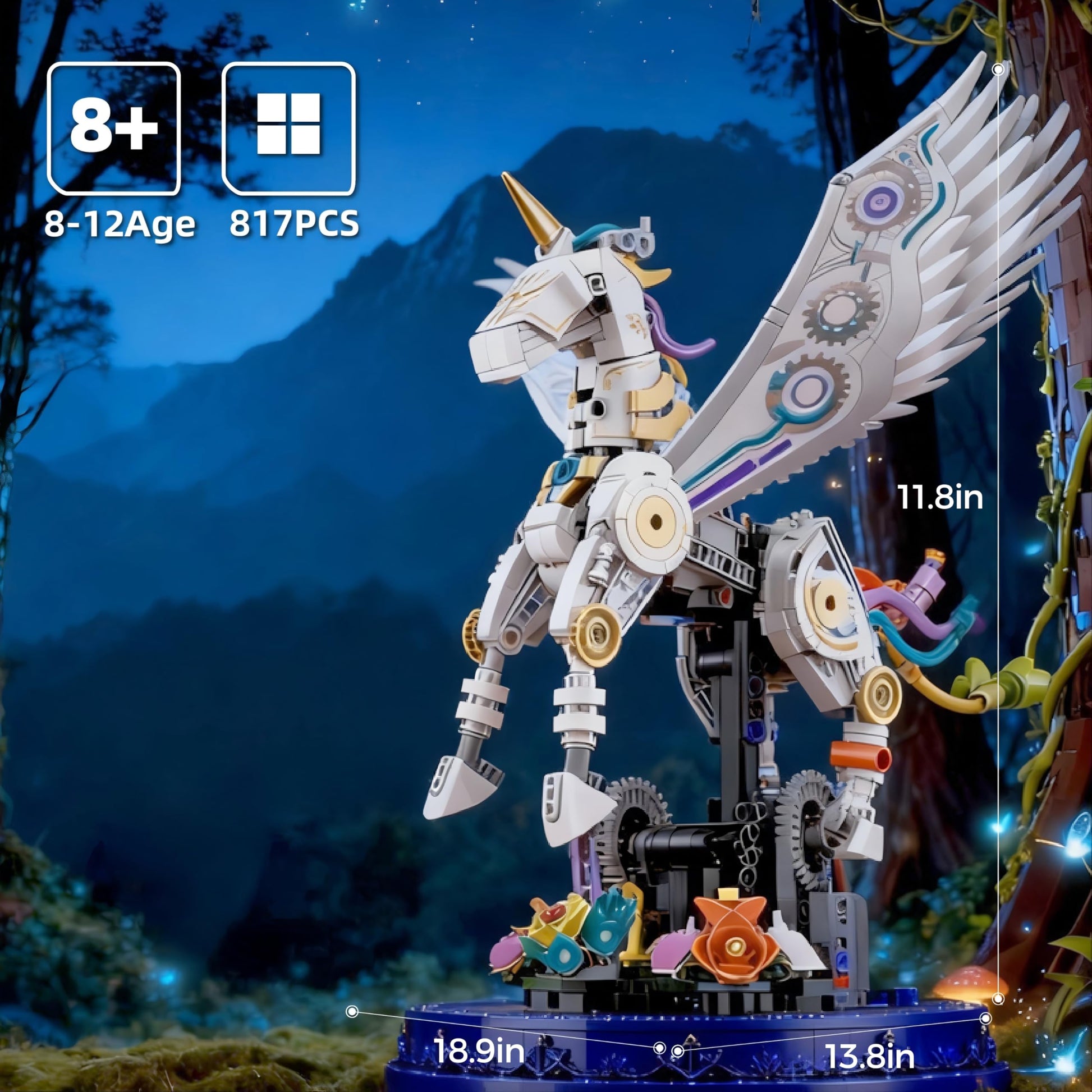 Aptrbg Unicorn Building Set 800+ Pcs STEM Toy Ages 8-12, Walking & Flapping Wings, Compatible with Major Building Blocks, Gift for Boys Girls