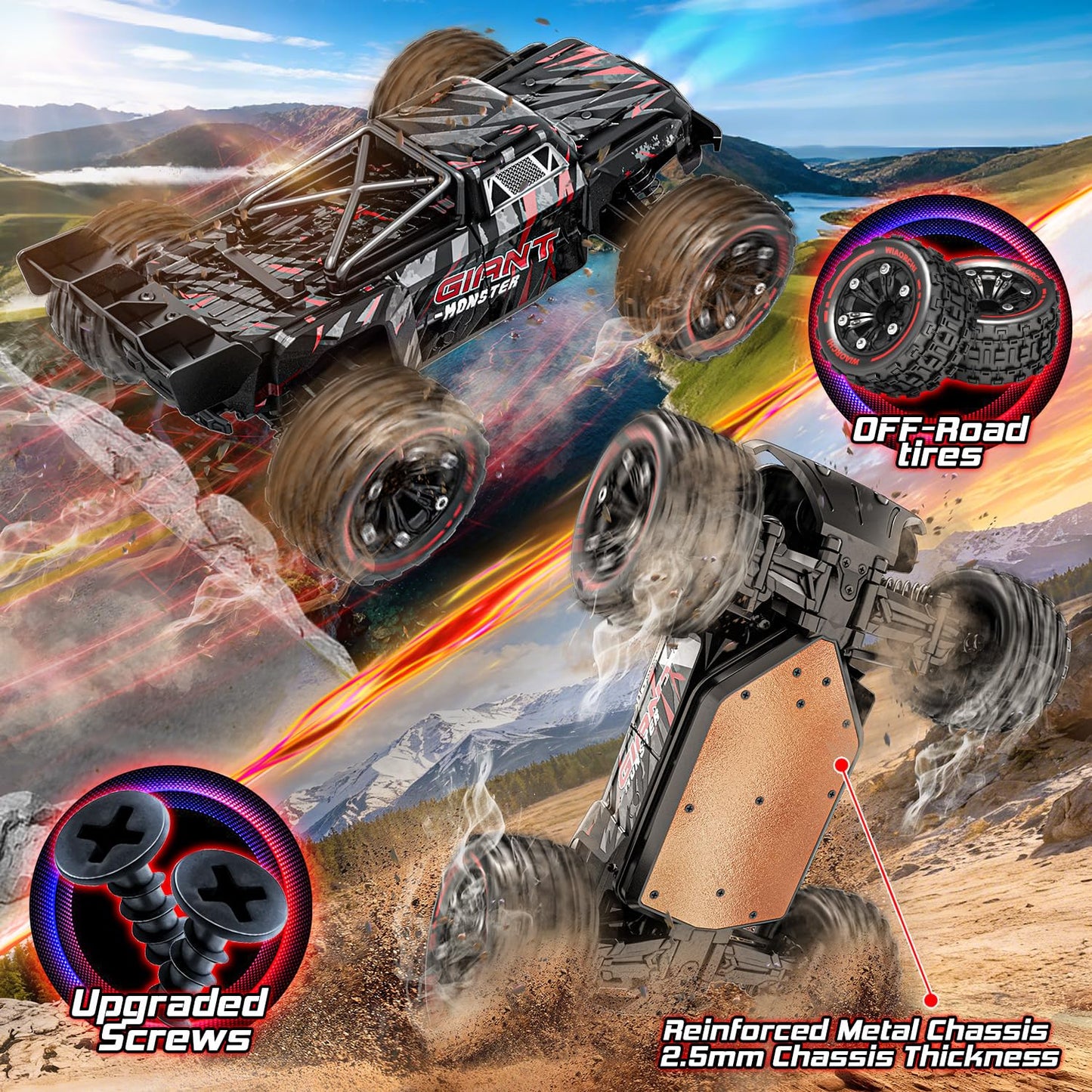 1:16 Scale All Terrain Fast RC Cars for Adults 40KPH, 4WD Electric Off-Road Remote Control Monster Truck with Metal Chassis, 2.4Ghz High Speed Car