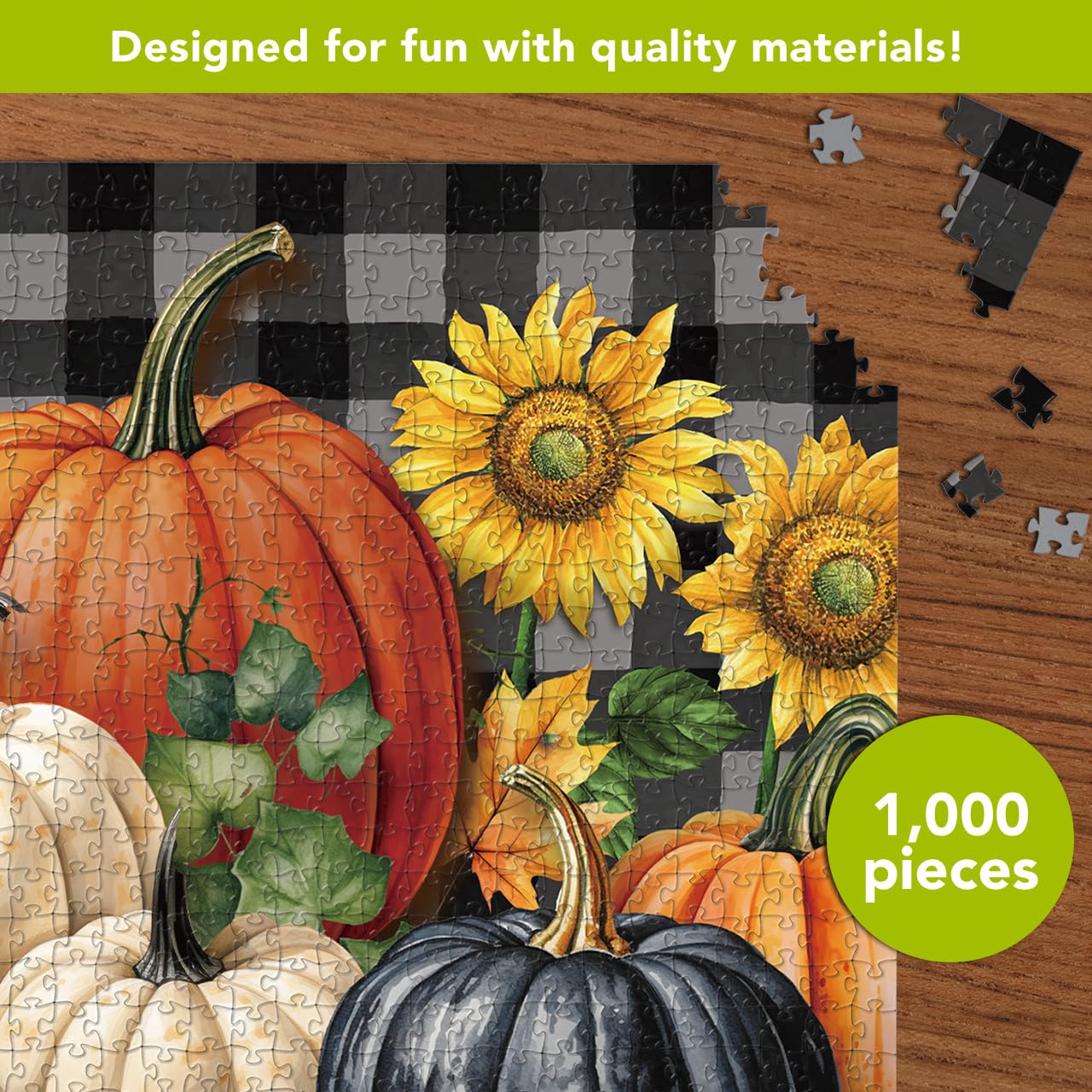 Briarwood Lane Fall Jigsaw Puzzle 1000 Pieces Adult Finished Size 29.5x19.68 Fall Checkered Pumpkins Puzzle for Game Night