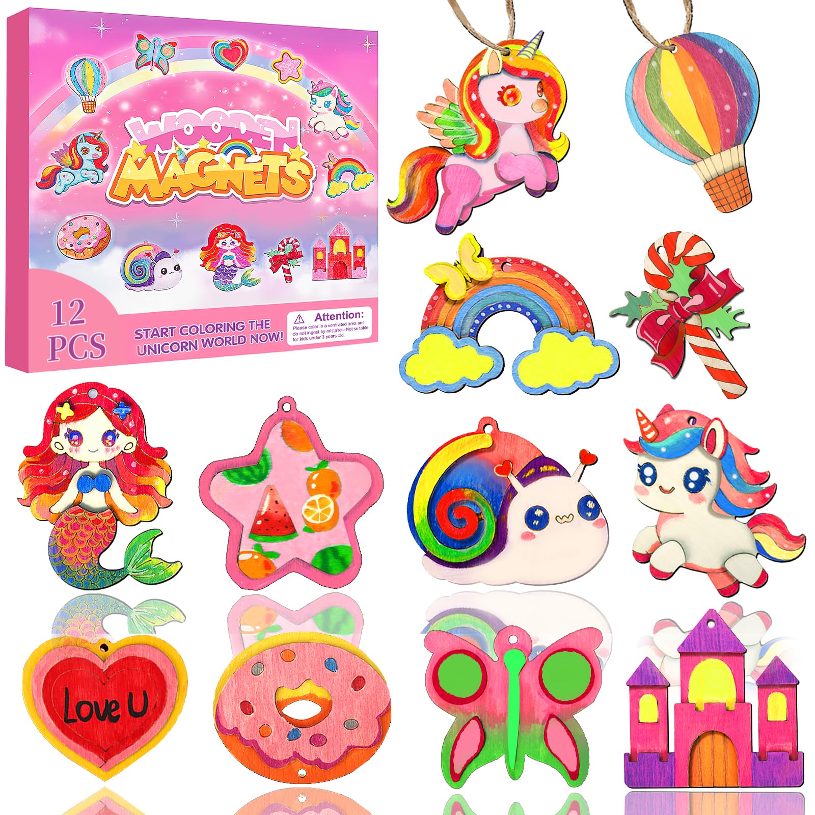 12 DIY Unicorn Wooden Magnets - Arts Crafts Painting Kits For Kids, Creative Art Supplies Paint Gift For Birthday Party Favors Family Easter Crafts