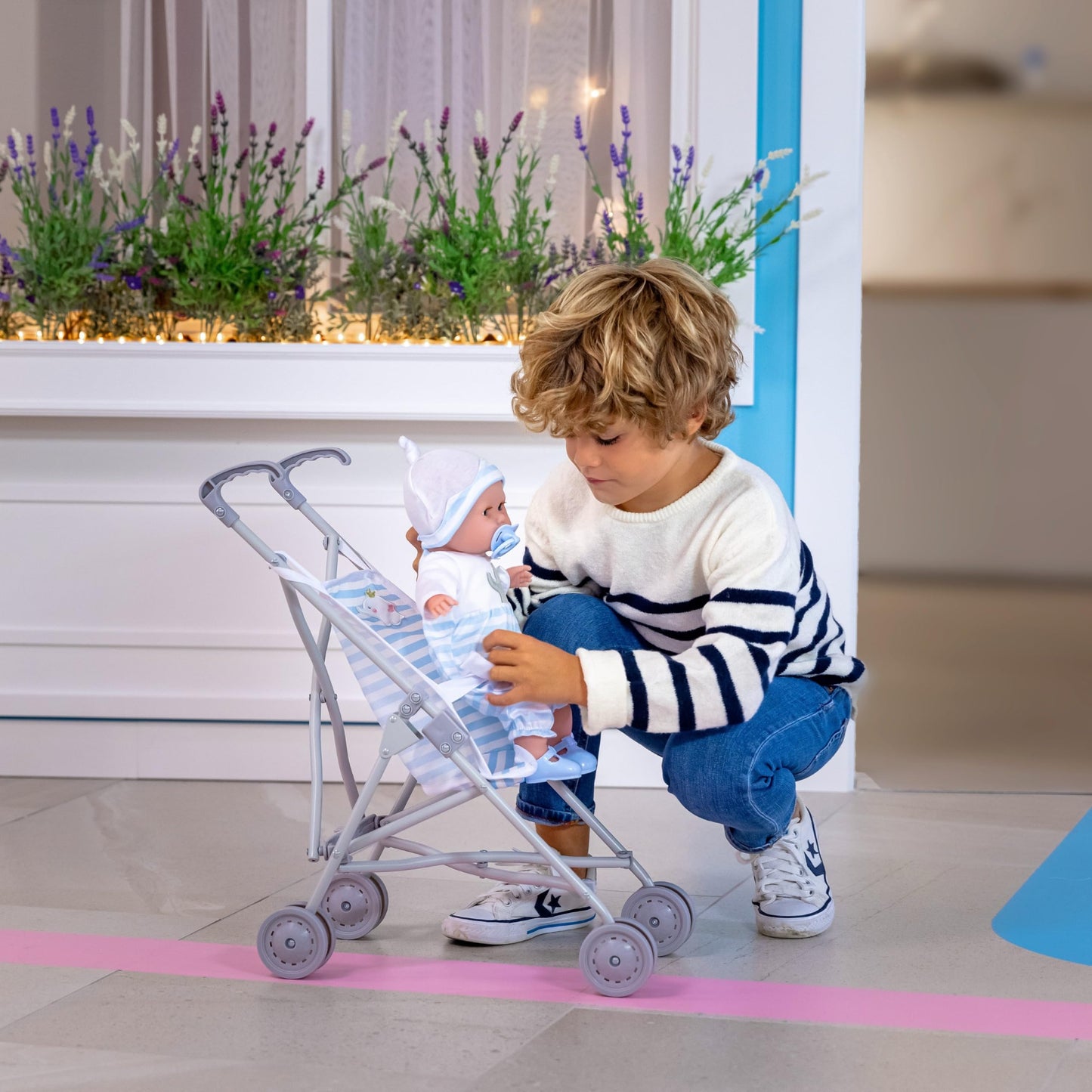 JC Toys Boutique | Folding Umbrella Doll Stroller for Children 2 Years Plus, Blue Stripes and Soft Embroidery | Sturdy Metal Frame | Pretend Play