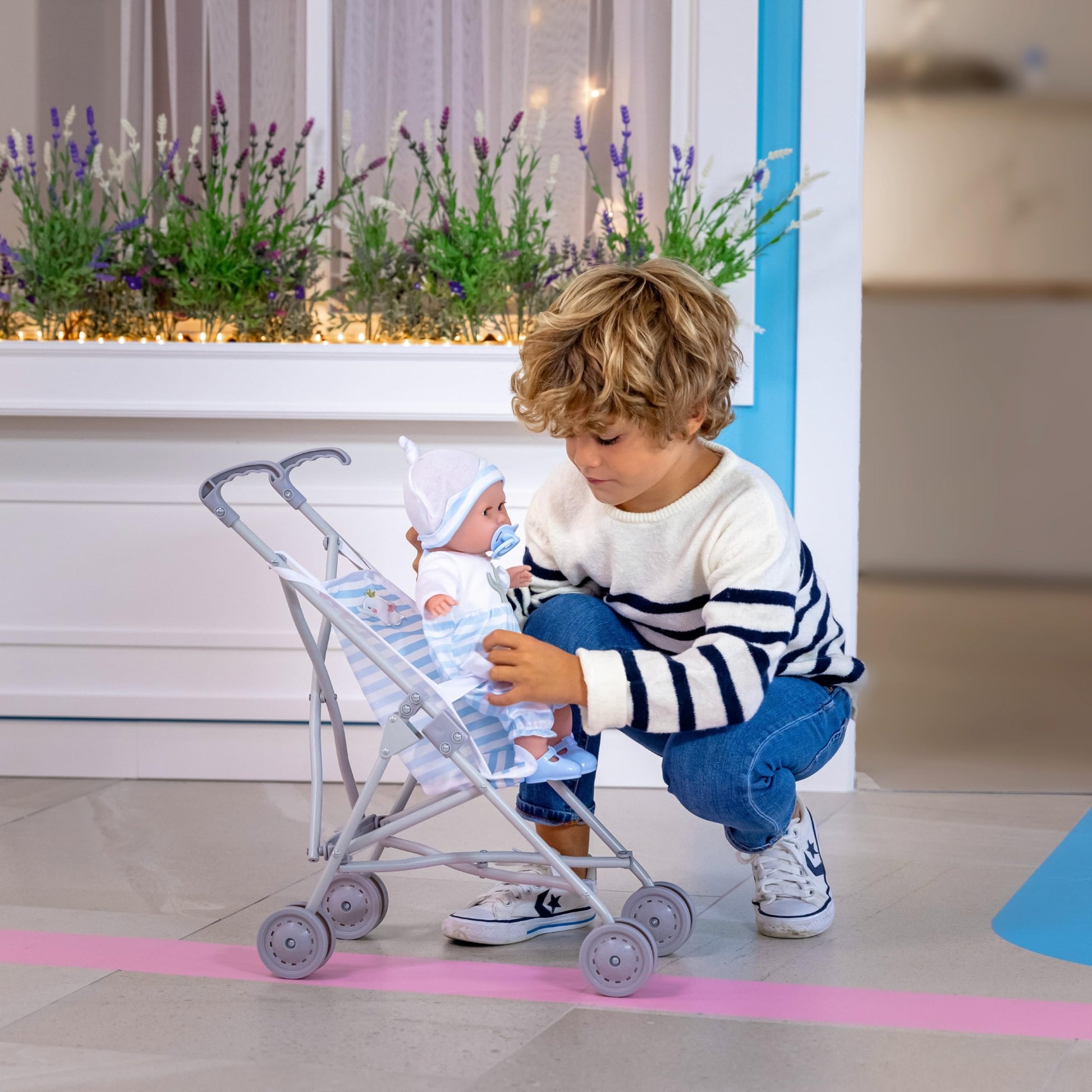 JC Toys Boutique | Folding Umbrella Doll Stroller for Children 2 Years Plus, Blue Stripes and Soft Embroidery | Sturdy Metal Frame | Pretend Play