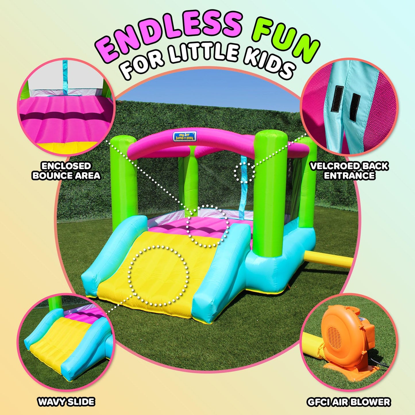 Sportspower Happy Hopper Inflatable Bounce House with Slide, Indoor Outdoor Backyard Bouncer with Heavy-Duty GFCI Blower, ASTM Certified, Ages 3 to 8