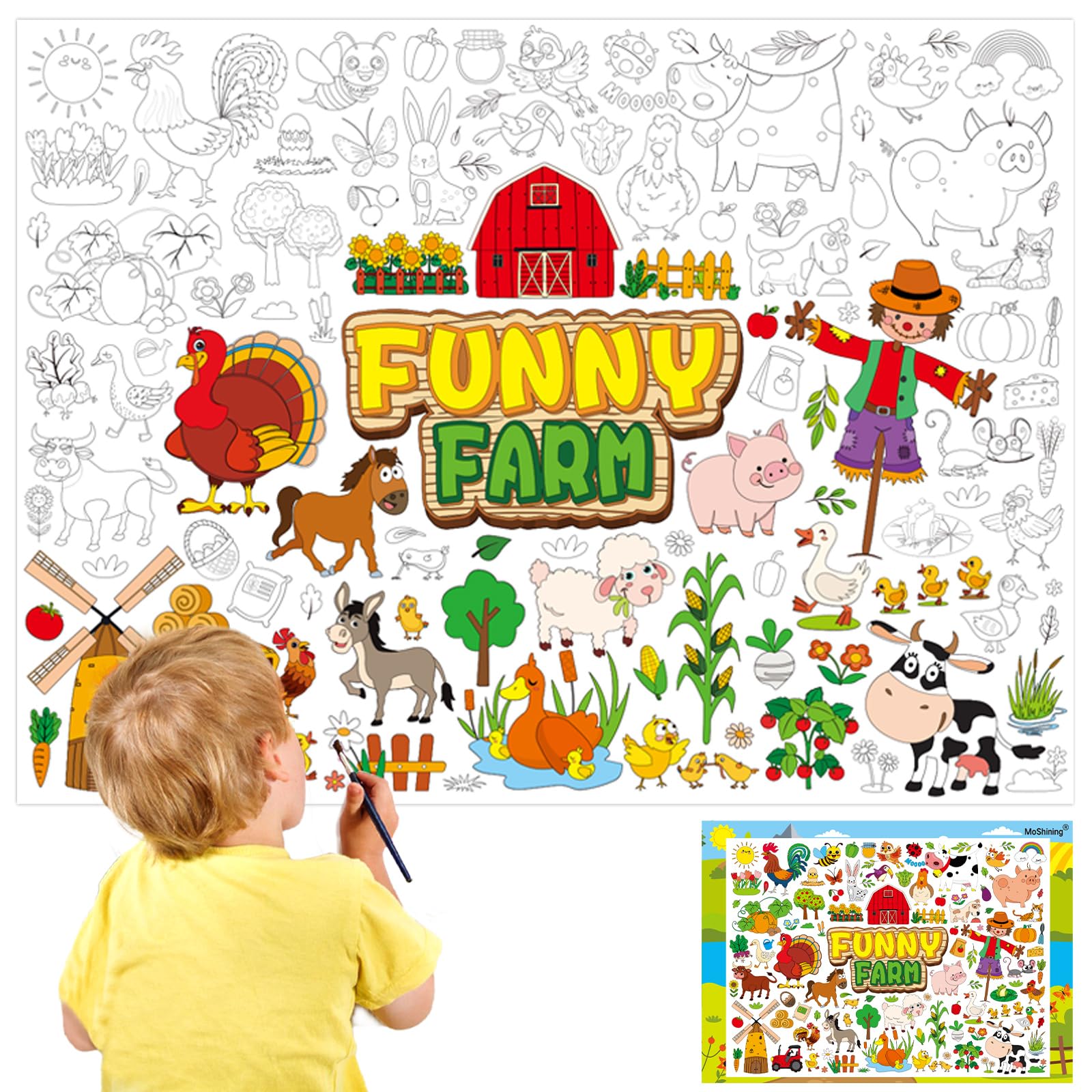 MoShining Farm Animals Giant Coloring Poster for Kids Crafts Activity Wall Doodle Art Coloring Paper Banner for Home School Classroom Party Supplies