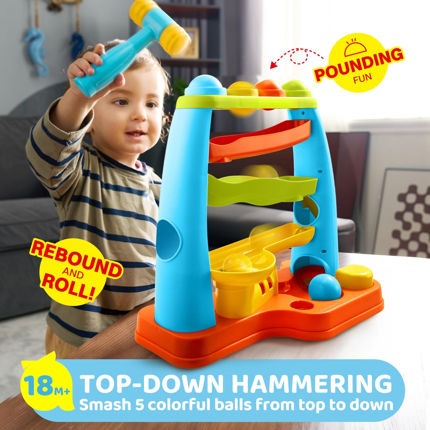 lalalark Ball Drop Toy for Toddlers, Track Stacking Learning Pound a Ball with Hammer, Early Developmental Montessori Toy, Birthday Gift for Boys