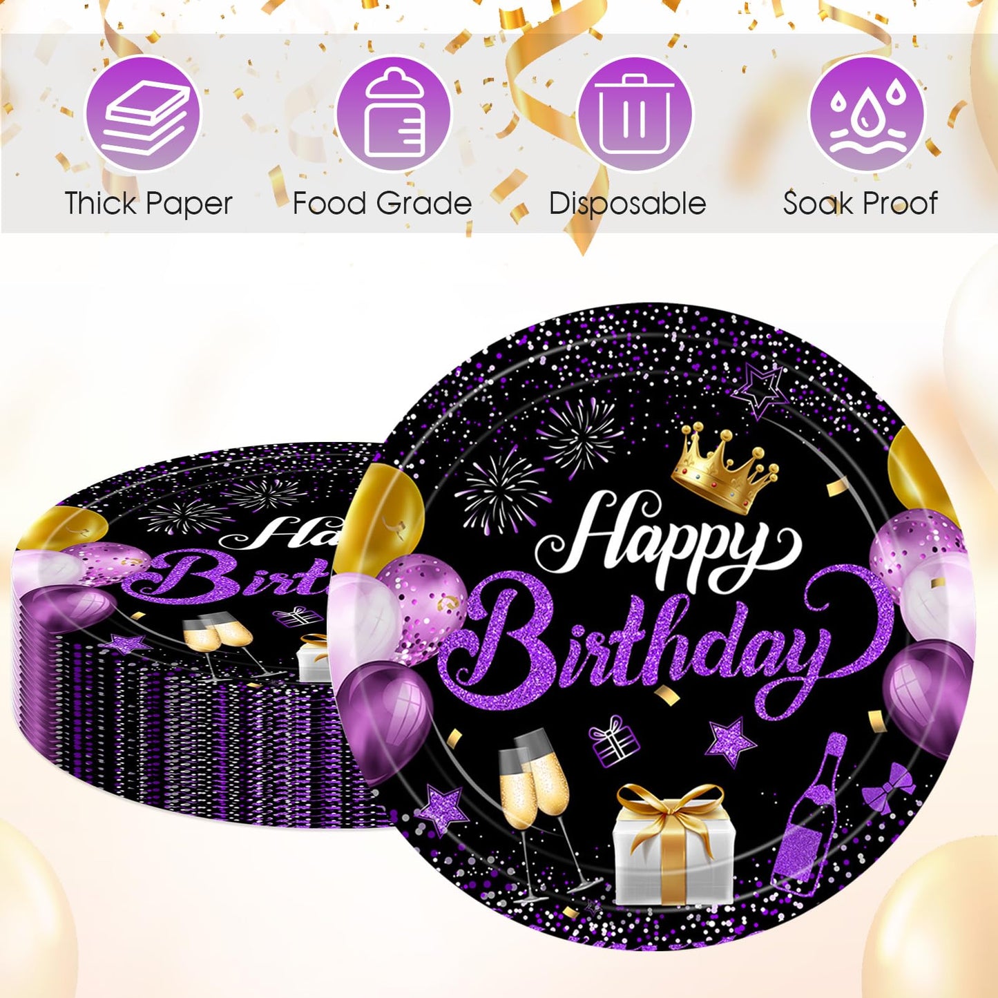 VVBray 20Pcs Birthday Plates Purple Birthday Decorations 9Inch Disposable Paper Plates Purple Party Tableware Dessert Plate Set,for Happy Birthday