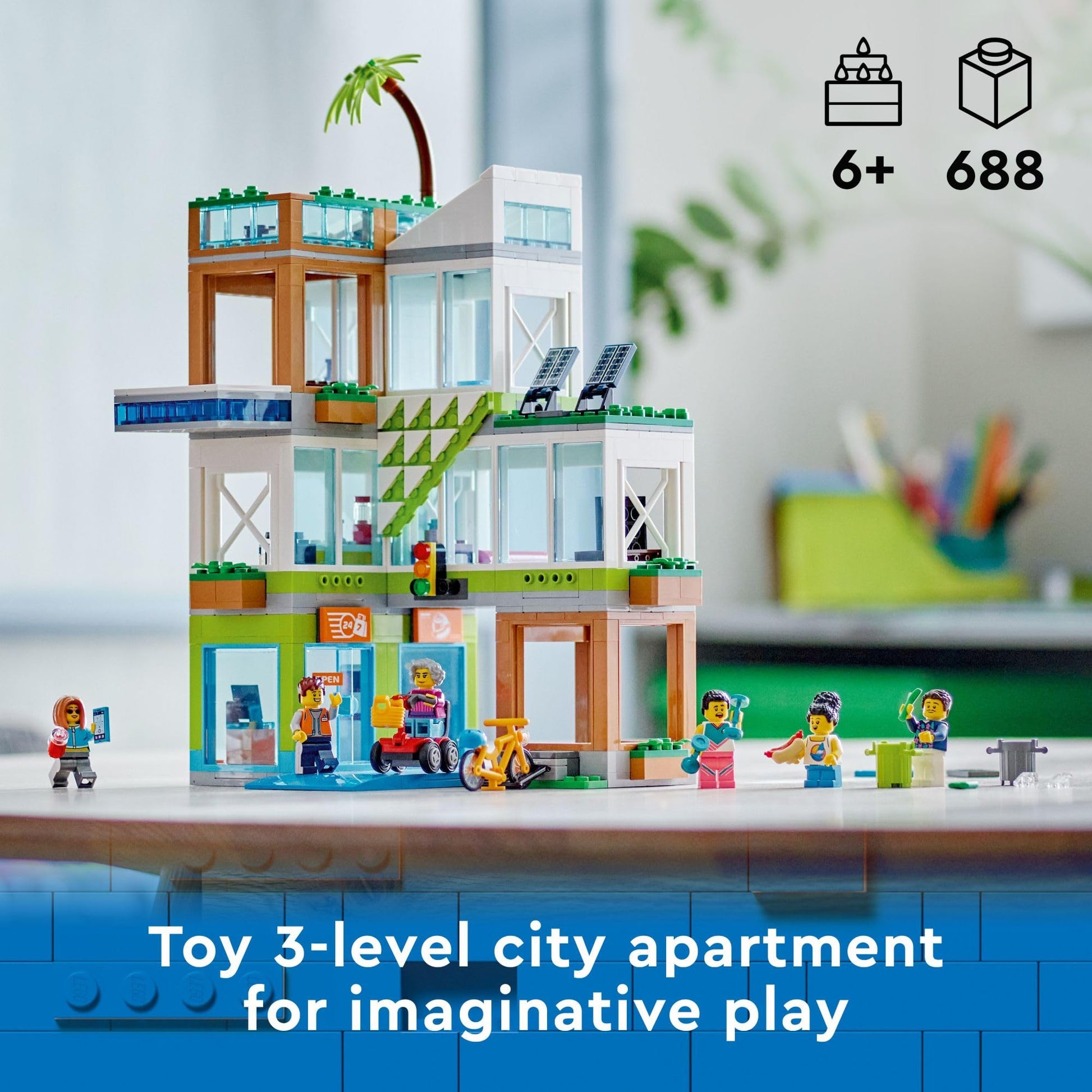 LEGO My City Apartment Building 60365 Toy Set with Connecting Three Floor Room Modules, Includes a Mobility Scooter, Bike and 6 Minifigures for