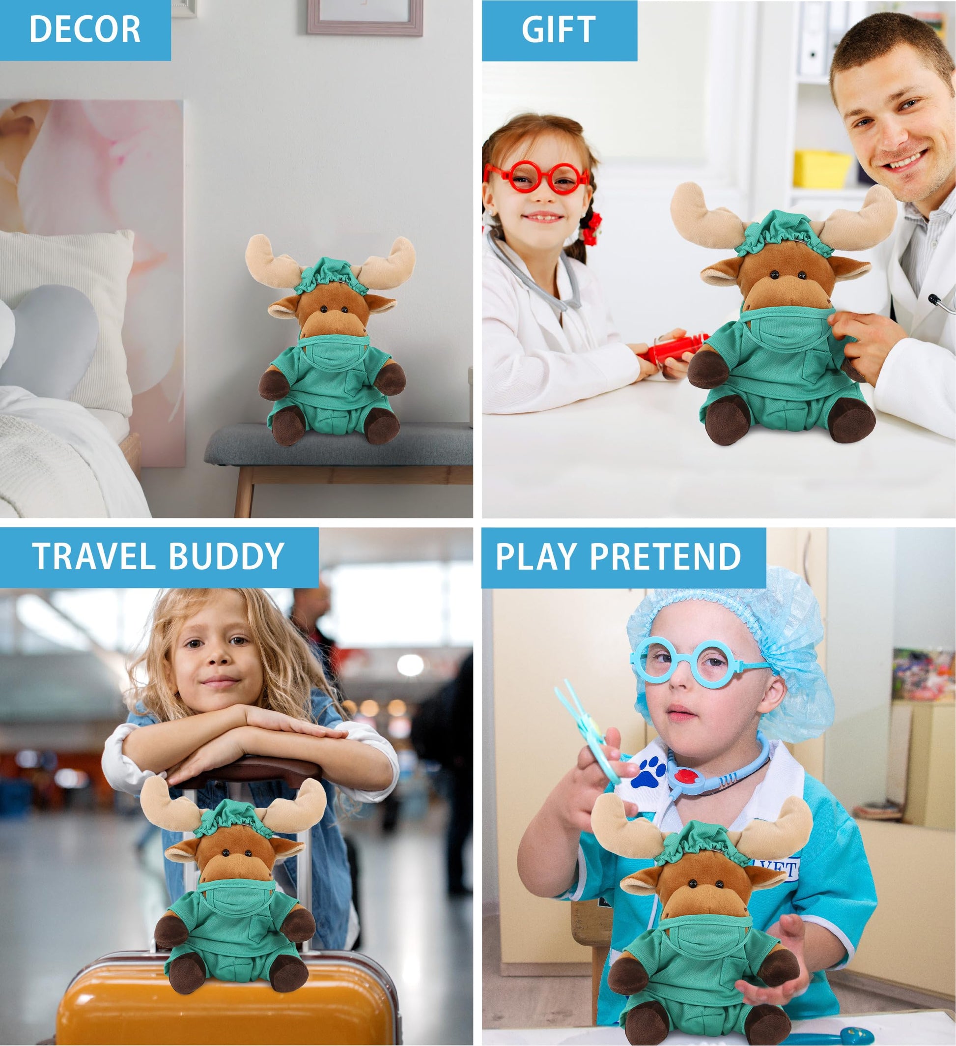 DolliBu Moose Doctor Plush Toy - Super Soft Moose Doctor Stuffed Animal Dress Up with Cute Uniform and Cap Outfit - Fluffy Toy Plush Gift for Doctor