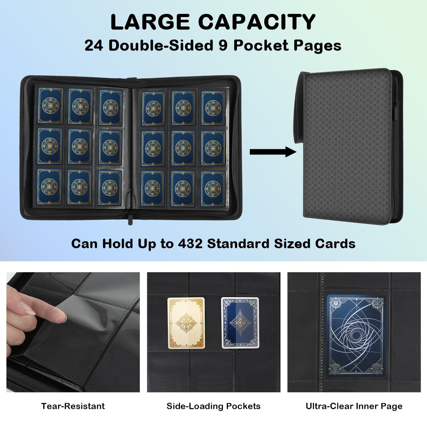 Card Archiver Side-Loading Card Binder, 432 Cards, PU Leather, Black