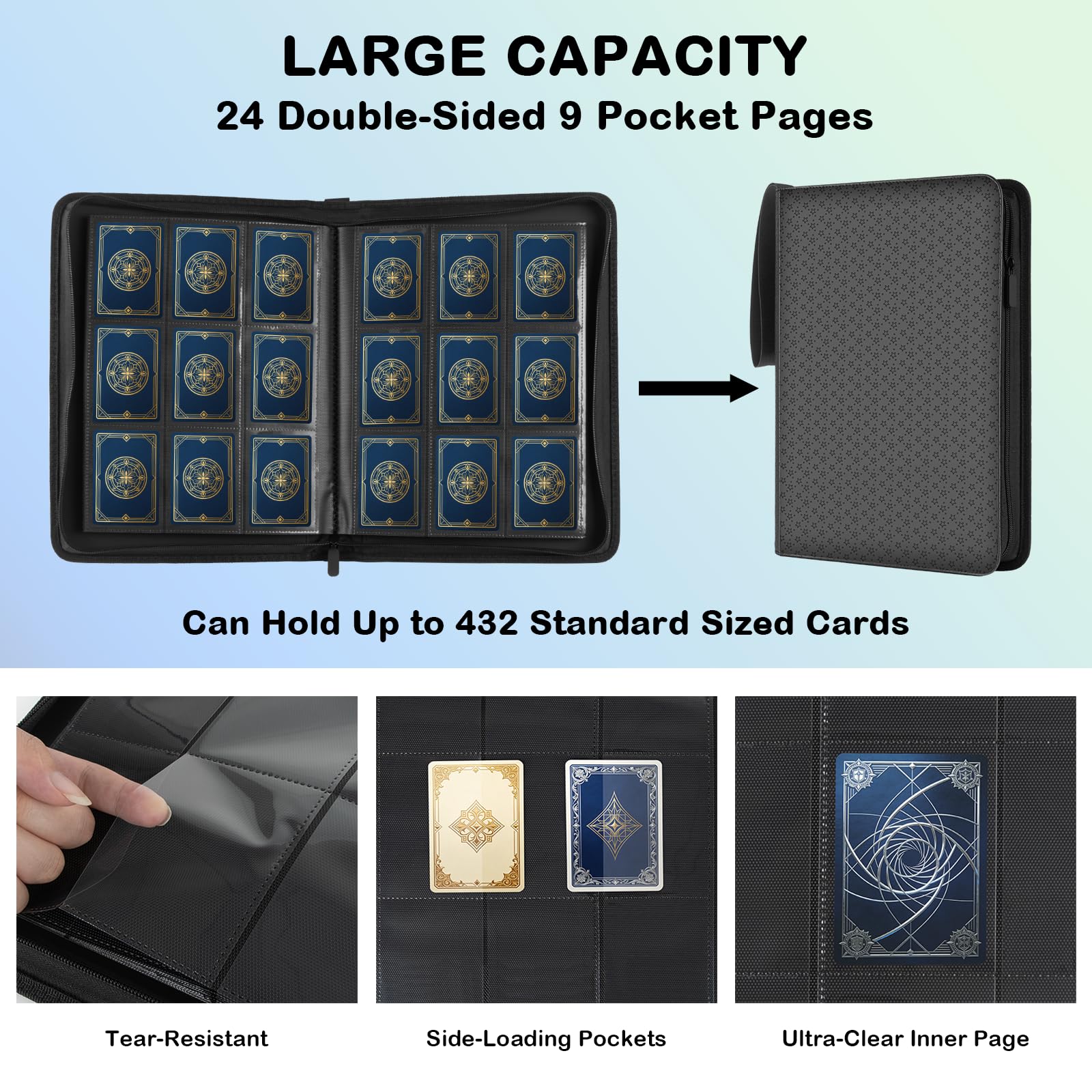 Card Archiver Side-Loading Card Binder, 432 Cards, PU Leather, Black