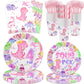 318 Pcs Dinosaur 4th Birthday Decorations for Girl, Dino Roar I'm Four Party Supplies, 20 Serves Include Plates, Cups, Napkins, Backdrop, Tablecloth