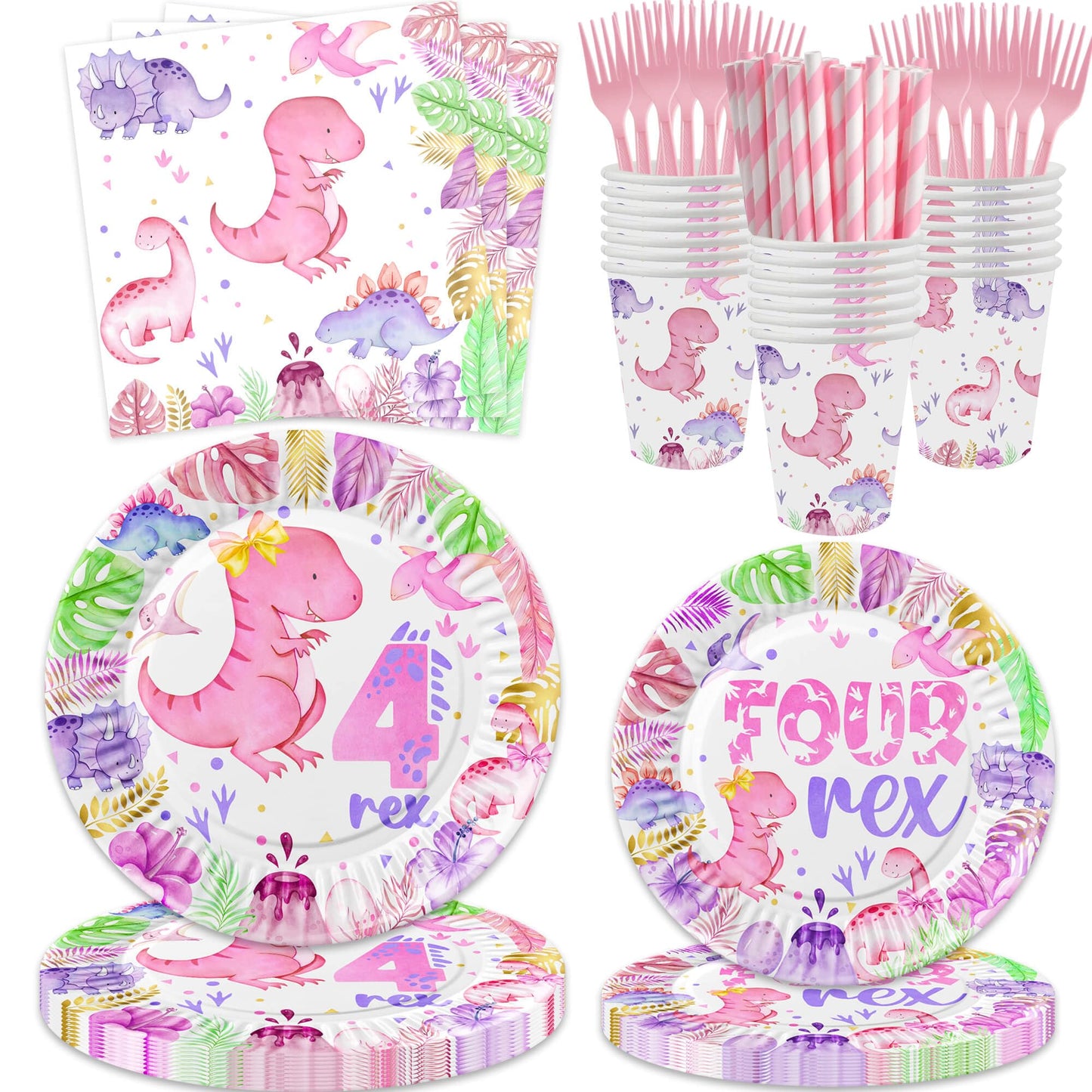 318 Pcs Dinosaur 4th Birthday Decorations for Girl, Dino Roar I'm Four Party Supplies, 20 Serves Include Plates, Cups, Napkins, Backdrop, Tablecloth