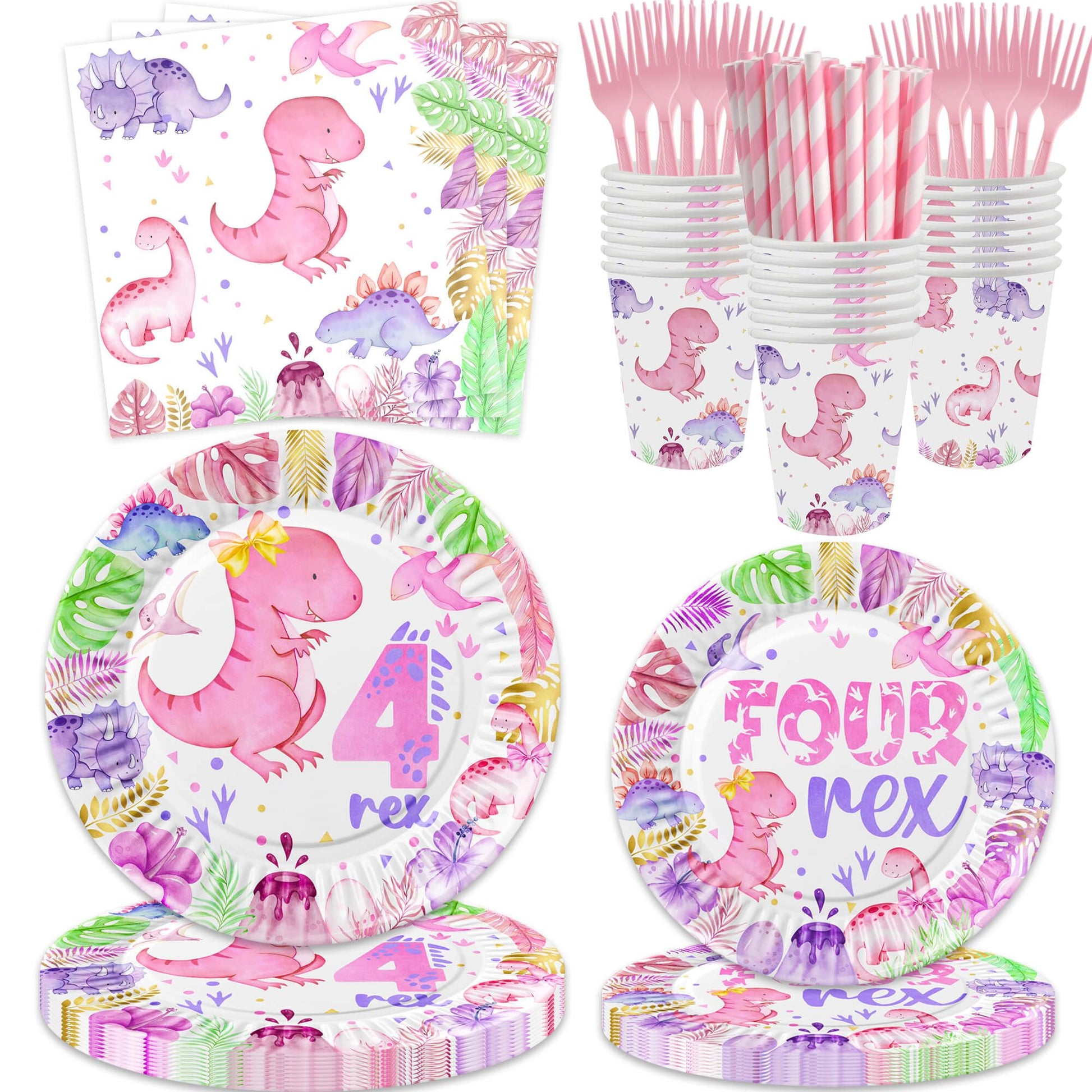318 Pcs Dinosaur 4th Birthday Decorations for Girl, Dino Roar I'm Four Party Supplies, 20 Serves Include Plates, Cups, Napkins, Backdrop, Tablecloth