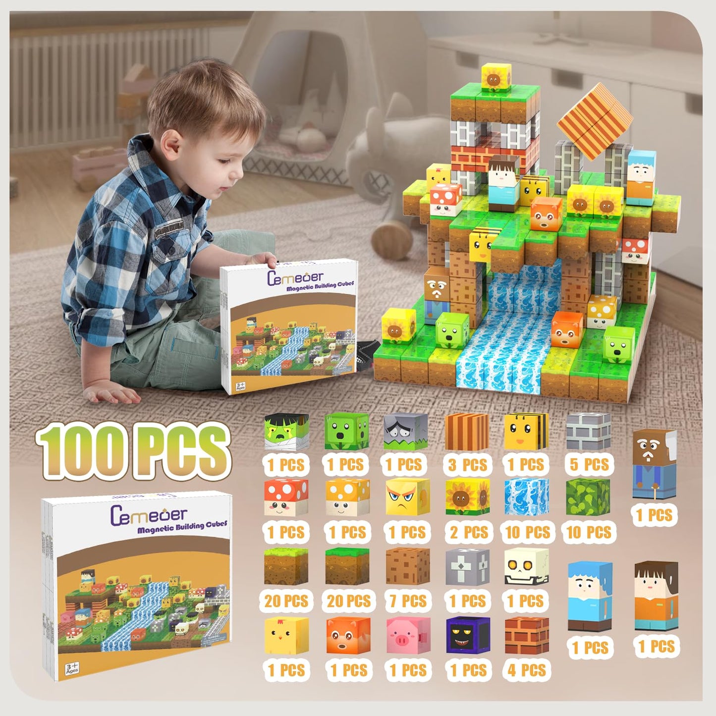 CEMECER Magnetic Blocks, 100PCS 1in Zombie Magnetic Building Blocks Toy for Kids Build Cubes, Stacking Magnetic Tiles, Sensory Montessori Construction
