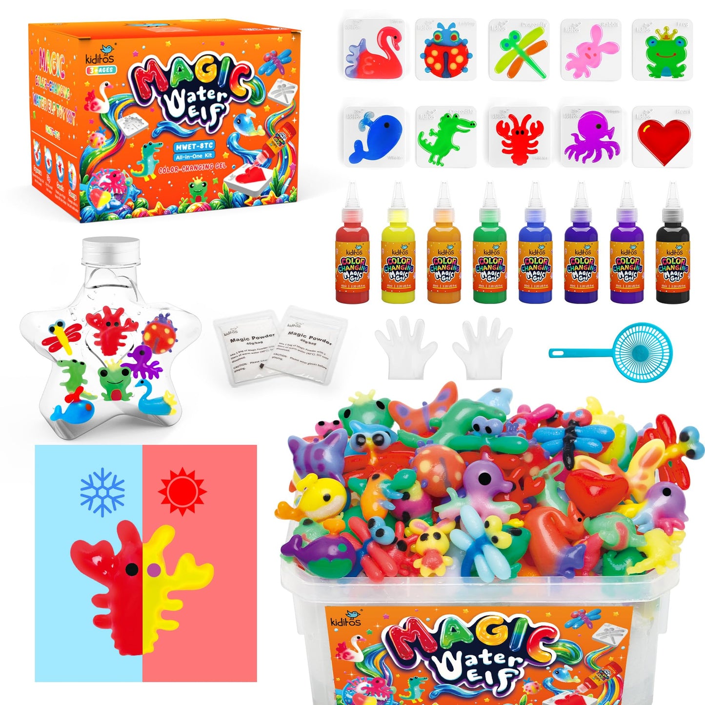 Kiditos Magic Water Elf Toy Kit for Kids, Color-Changing Magic Water Pets Craft Kit with 8 Color-Changing Gels, 10 Molds, Star Bottle, DIY Sensory