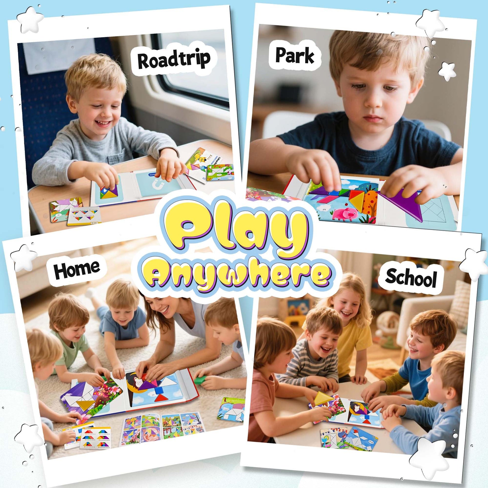 Magnetic Tangram Puzzles for Kid with 368 Patterns Booklet & 30 Theme Pages & Metal Board, Tangrams for Kids Ages 4-8 with Portable Box, Magnetic