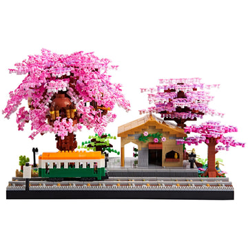 TEXXXIAN Cherry Blossom Micro Building Blocks Set, Japanese Creative Mini Bricks Model Flower Train Station Architecture for Adults and Kids Age 14+