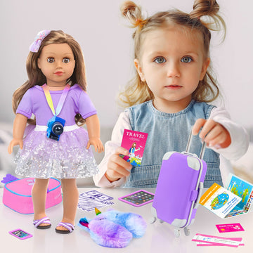 K.T. Fancy 23 pcs American 18 Inch Doll Accessories Suitcase Travel Luggage Play Set for 18 Inch Doll Travel Carrier, Sunglasses Camera Computer Phone