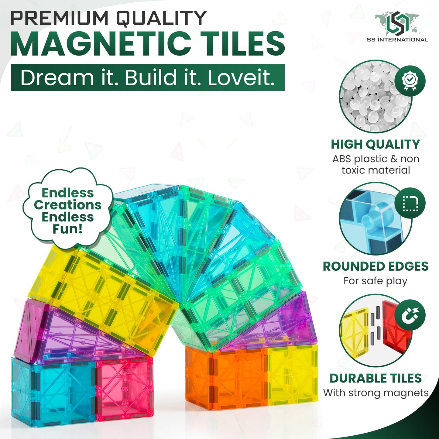 SS INTERNATIONAL Magnetic Tiles Construction Set for Kids 100 PCS with 2 Cars | STEM Learning & Preschool Educational Toy | Creative Magnetic Building