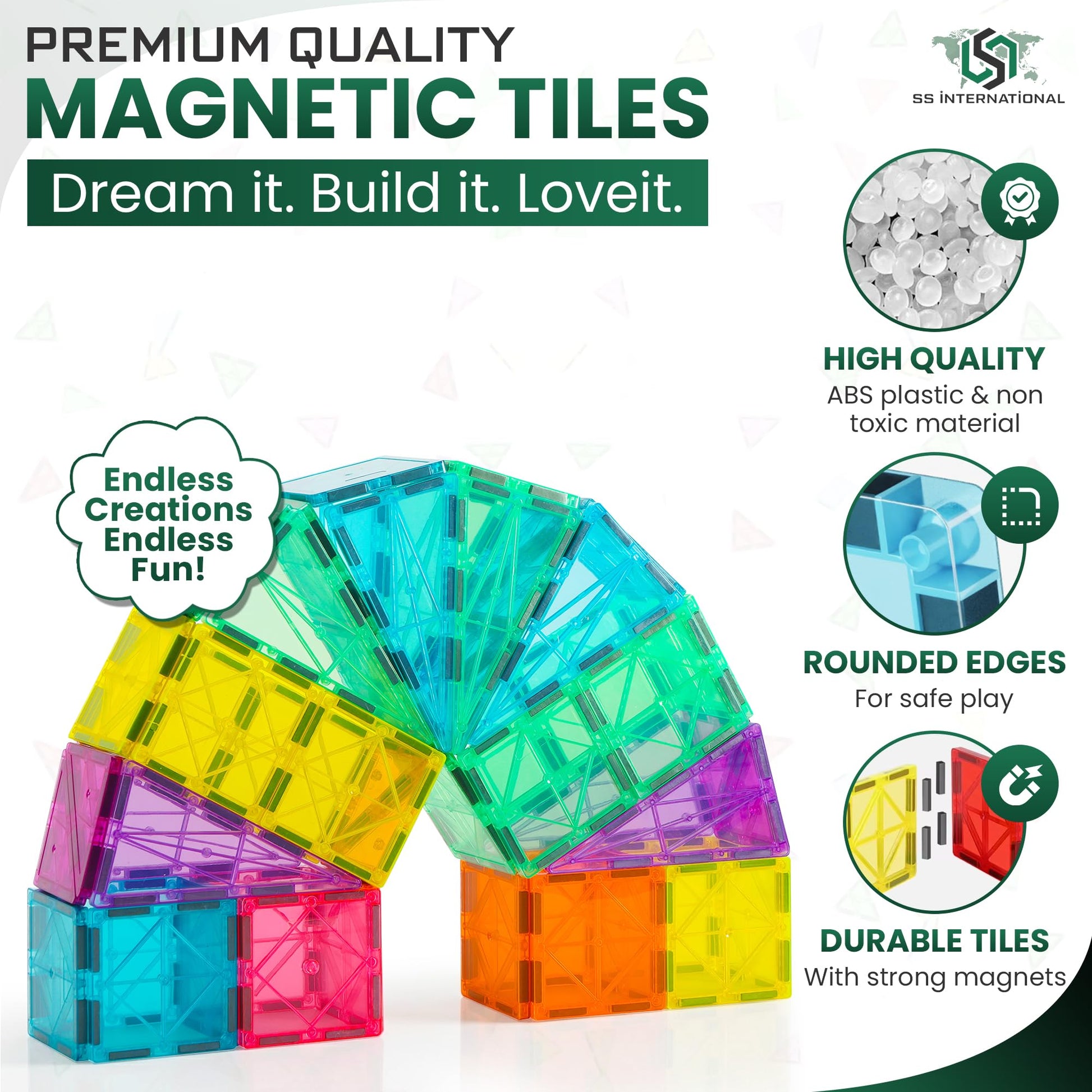 SS INTERNATIONAL Magnetic Tiles Construction Set for Kids 100 PCS with 2 Cars | STEM Learning & Preschool Educational Toy | Creative Magnetic Building