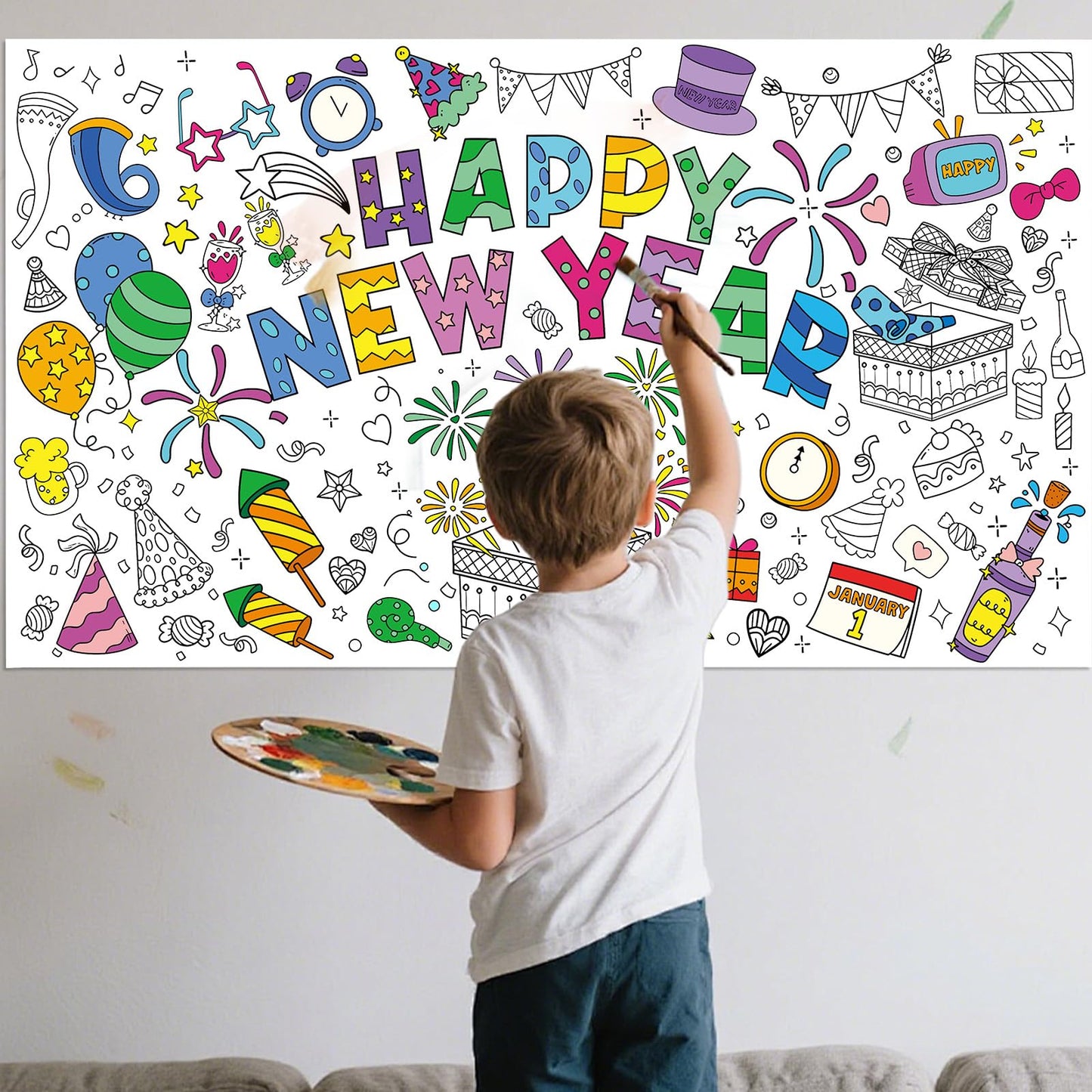 Happy New Year Coloring Poster Tablecloth - 51 x 30 Inch Giant DIY Paper Banner with Fireworks, Party Hats, and Festive Designs - Art Activity for New